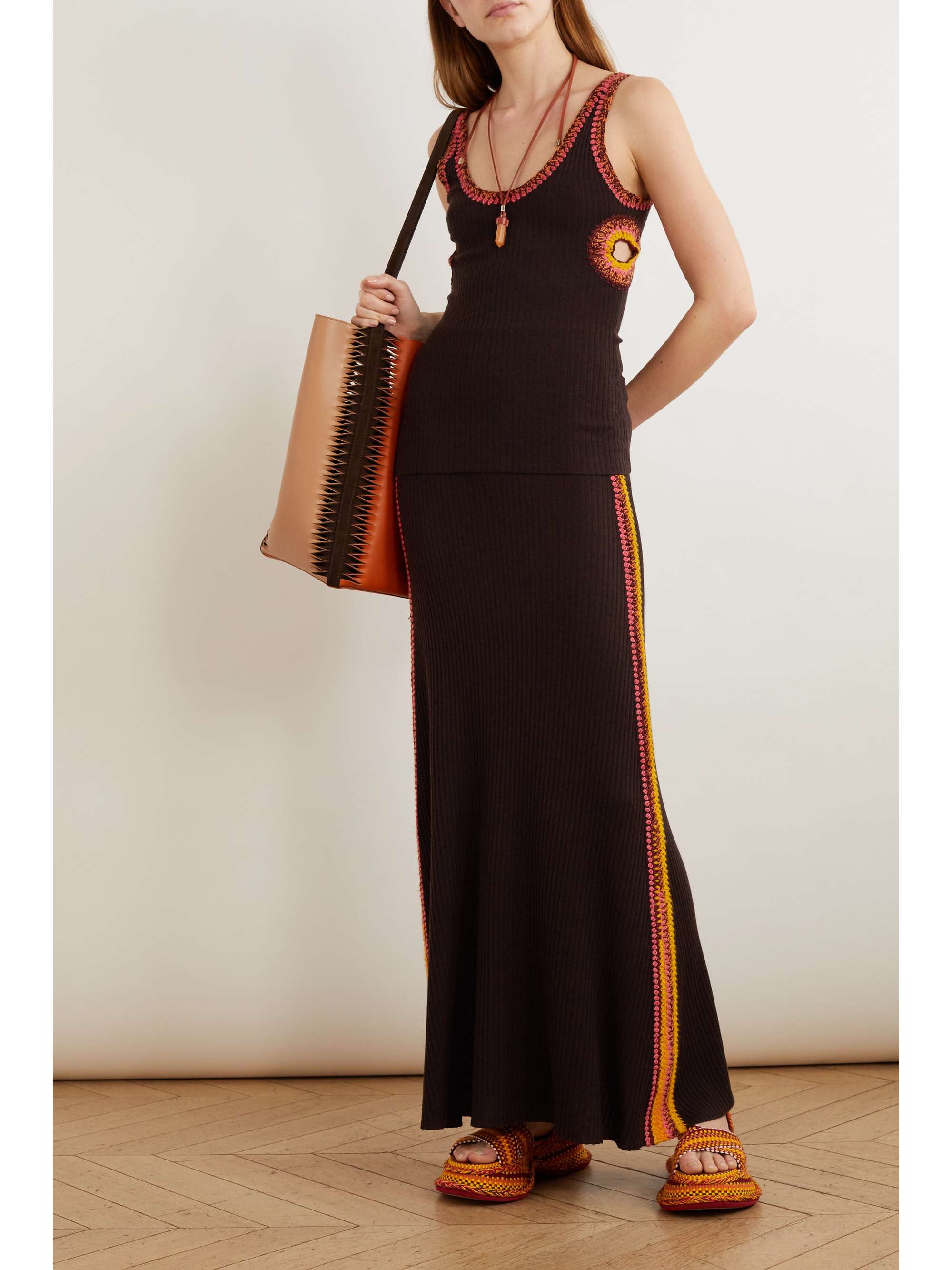 CHLOÉ Striped crochet-trimmed ribbed wool maxi skirt