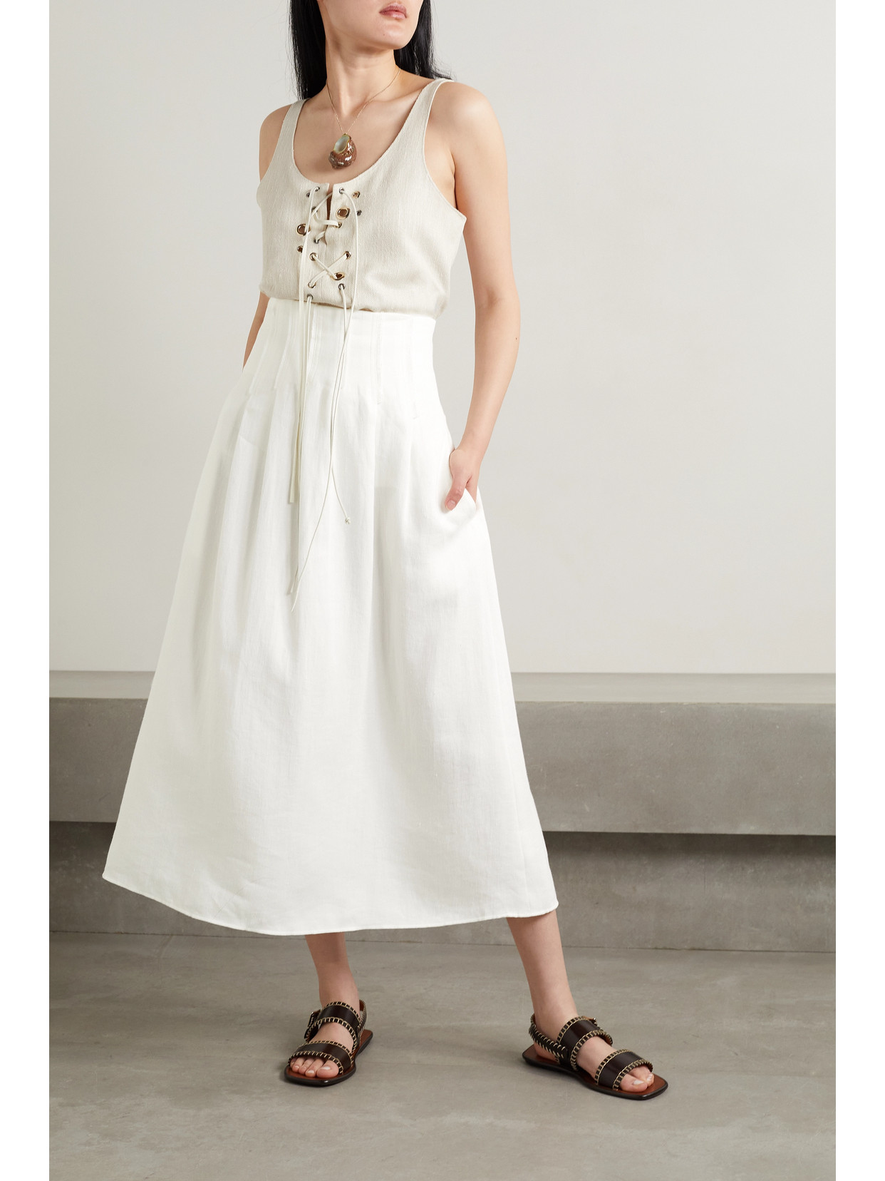 Chloé Pleated Linen Midi Skirt In White ModeSens