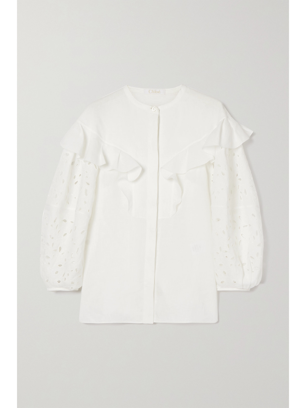 CHLOÉ RUFFLED BRODERIE ANGLAISE LINEN BLOUSE