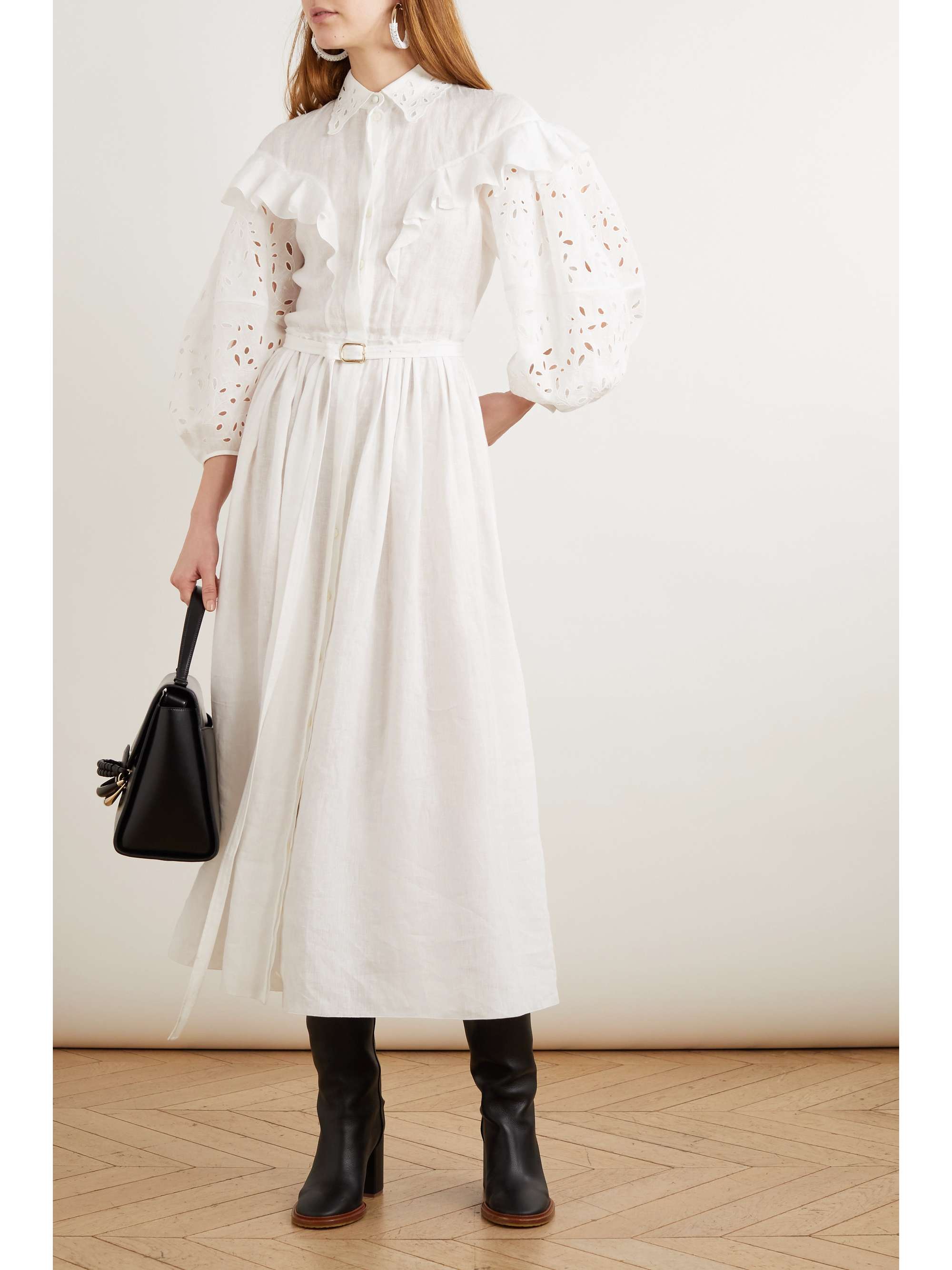CHLOÉ Belted ruffled broderie anglaise linen maxi dress