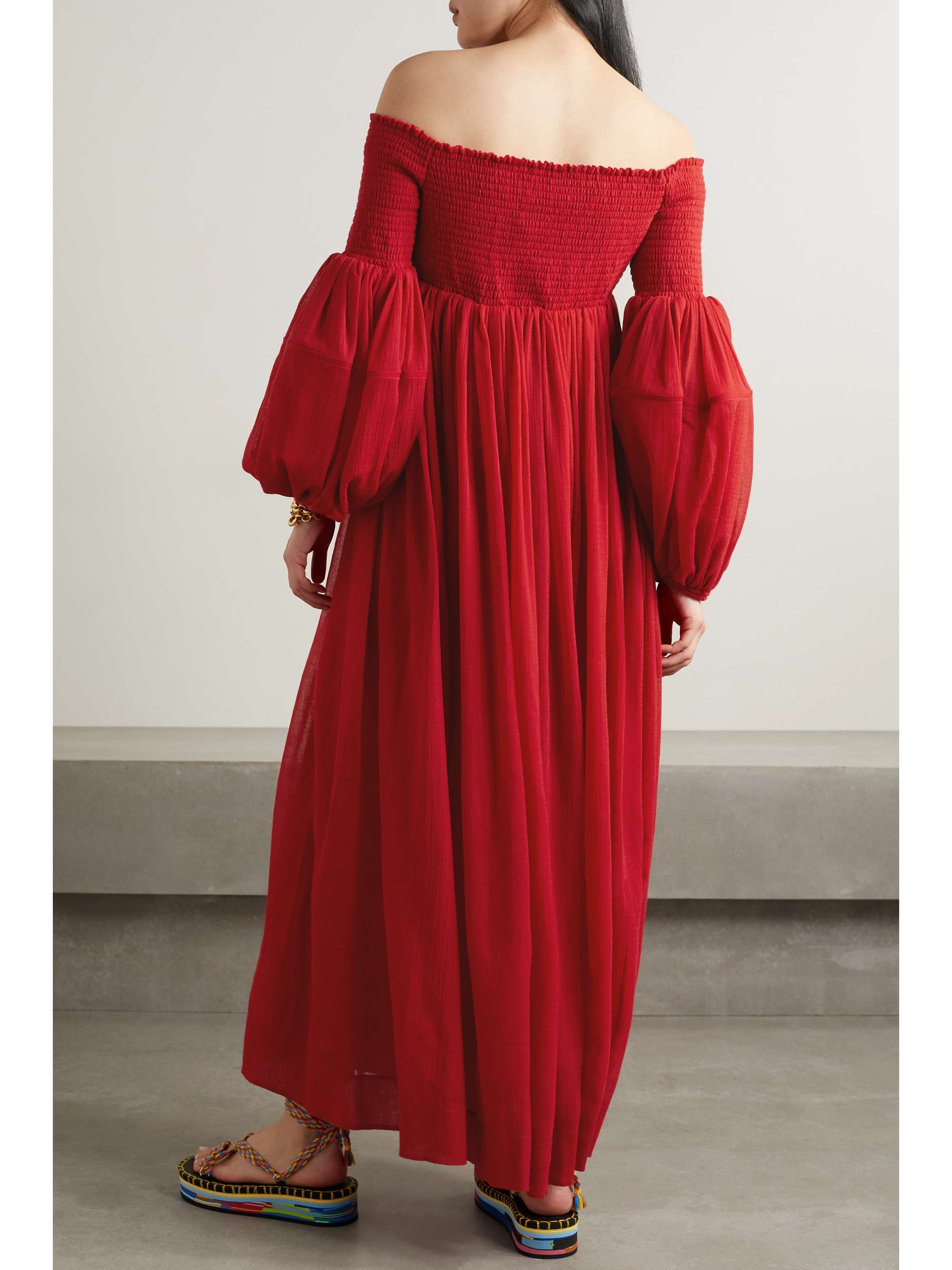 off the shoulder shirred dress