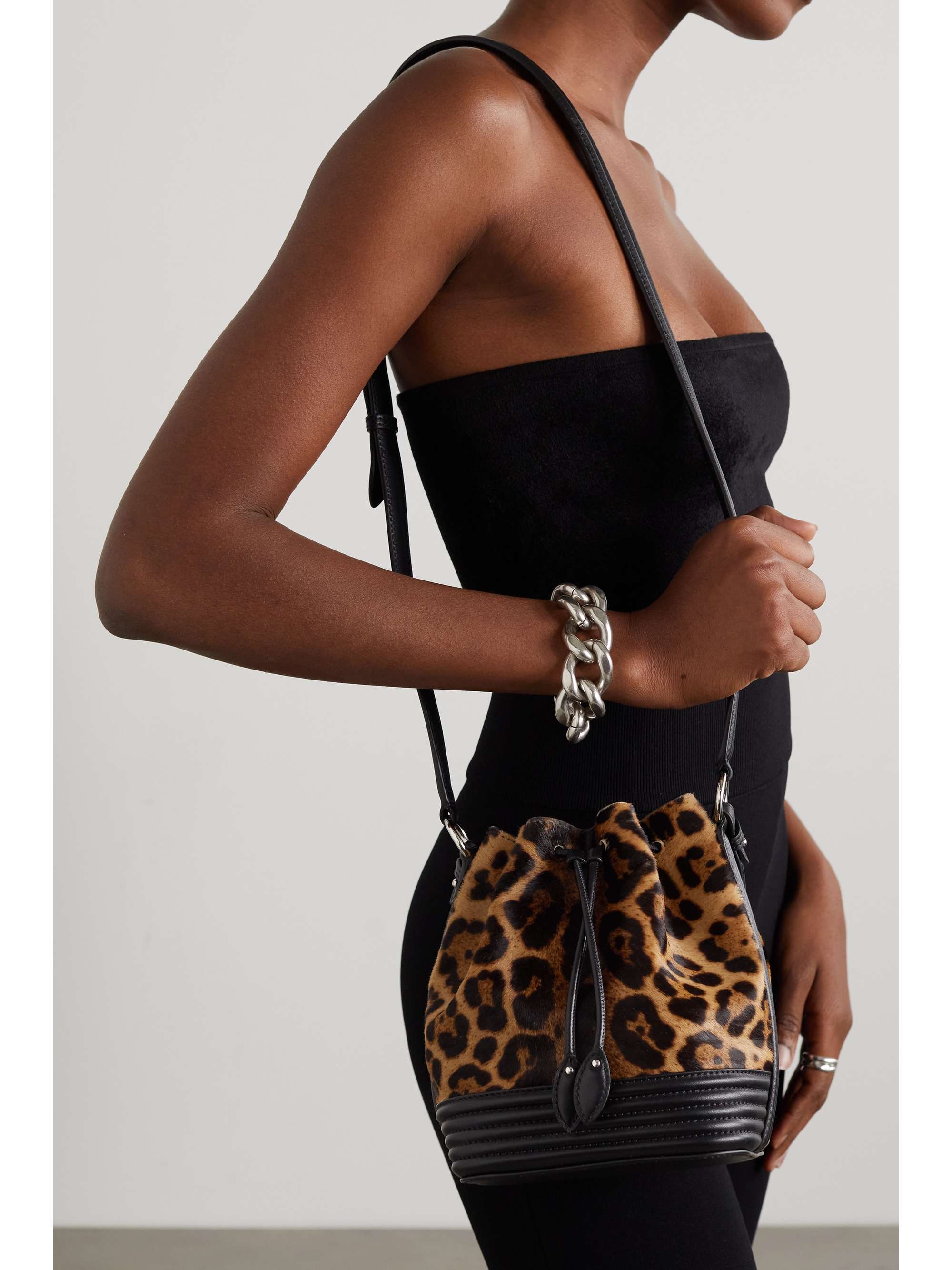 ALAÏA Le Seau leopard-print pony hair and leather bucket bag