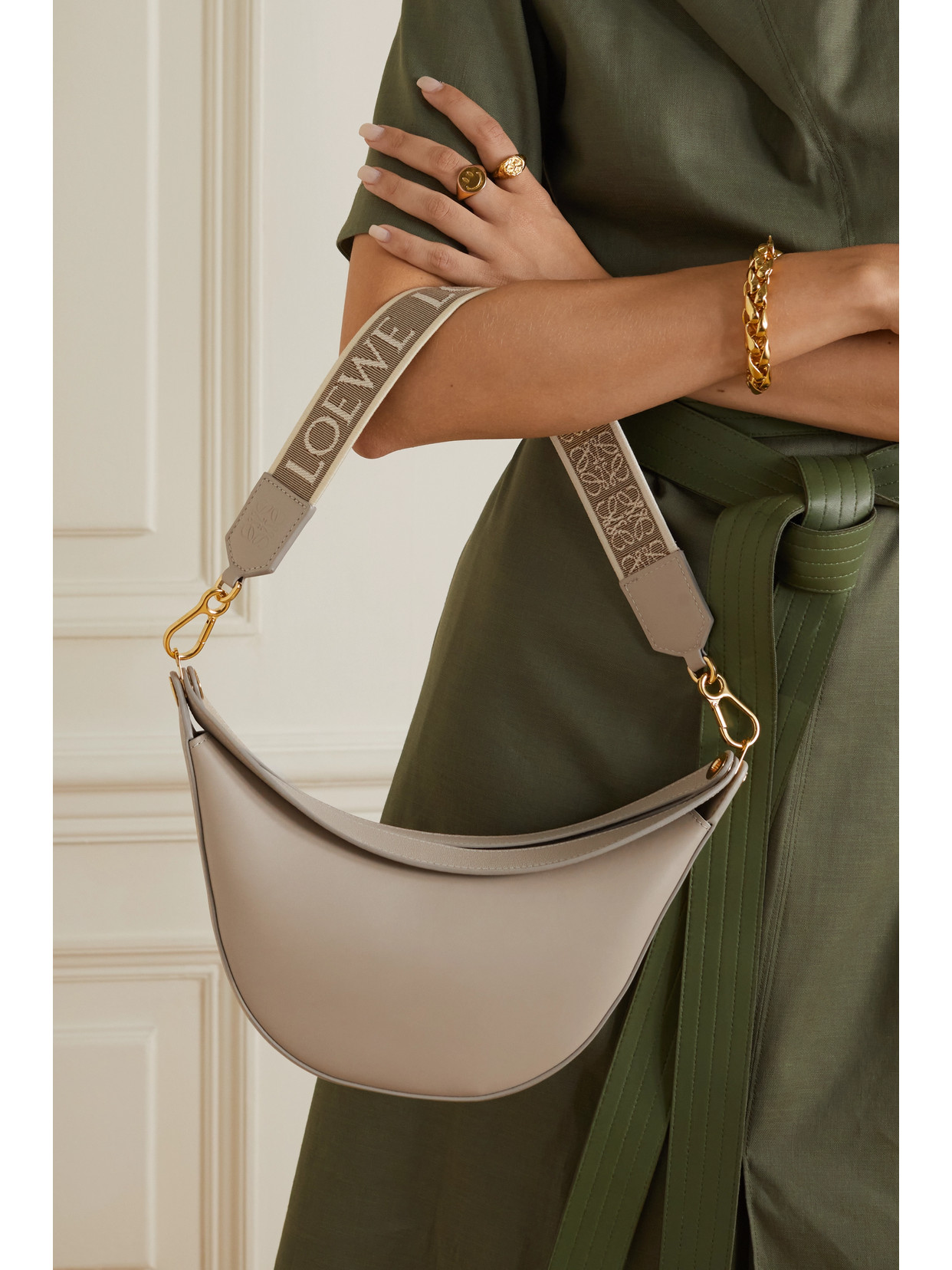 Luna Small Canvas-jacquard Trimmed Leather Shoulder Bag In Neutrals