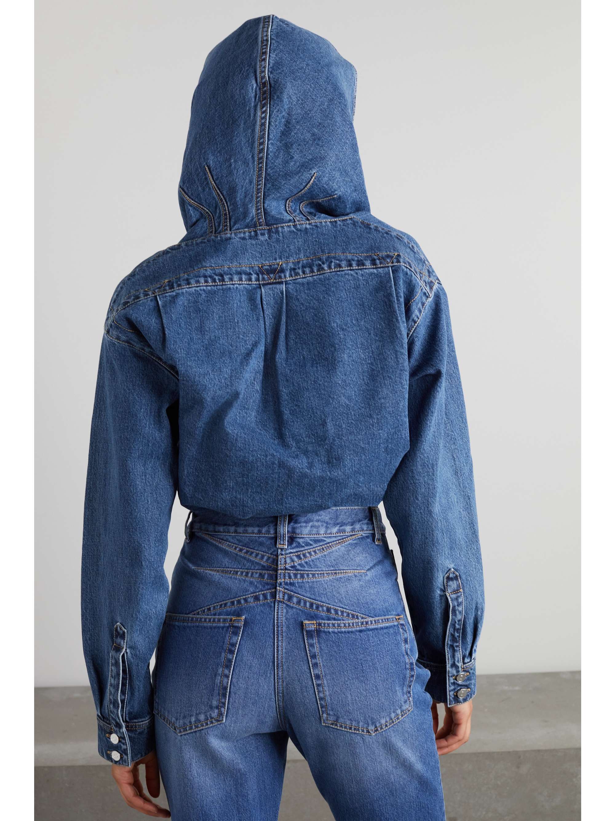 ALAÏA Hooded denim and stretch-knit thong bodysuit