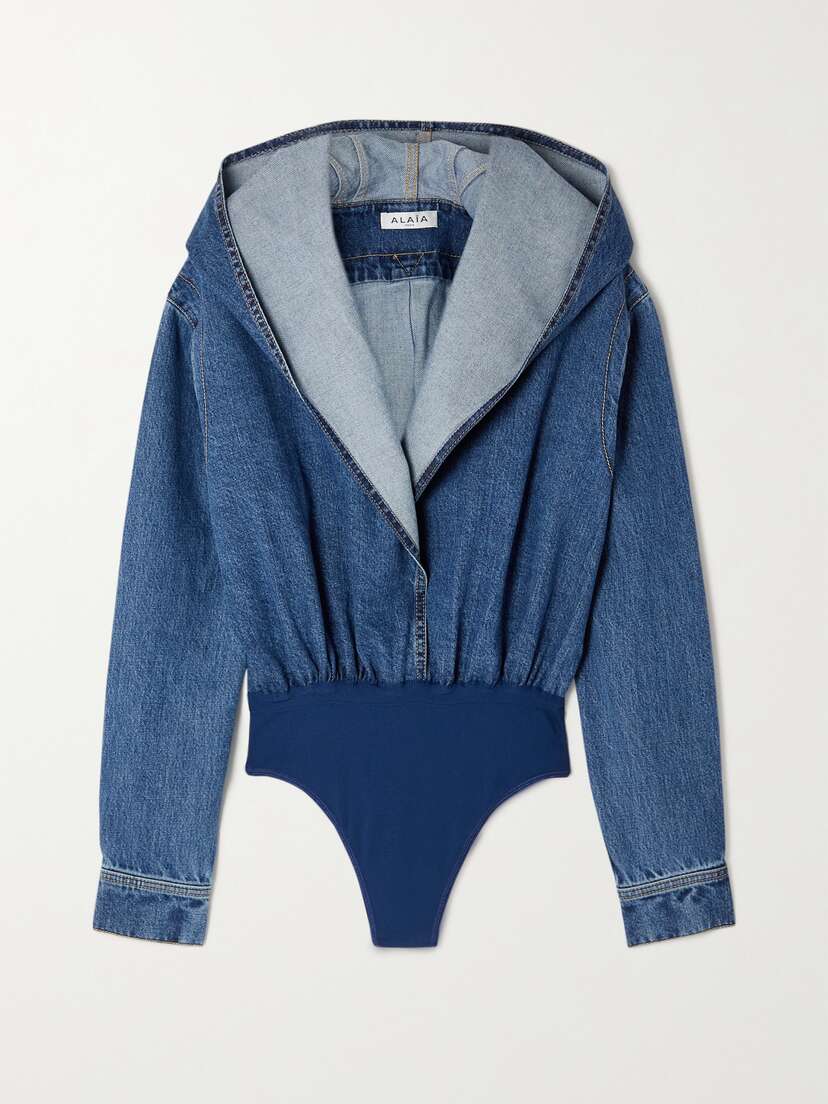Alaïa Hooded Denim And Stretch-knit Thong Bodysuit - FR 34