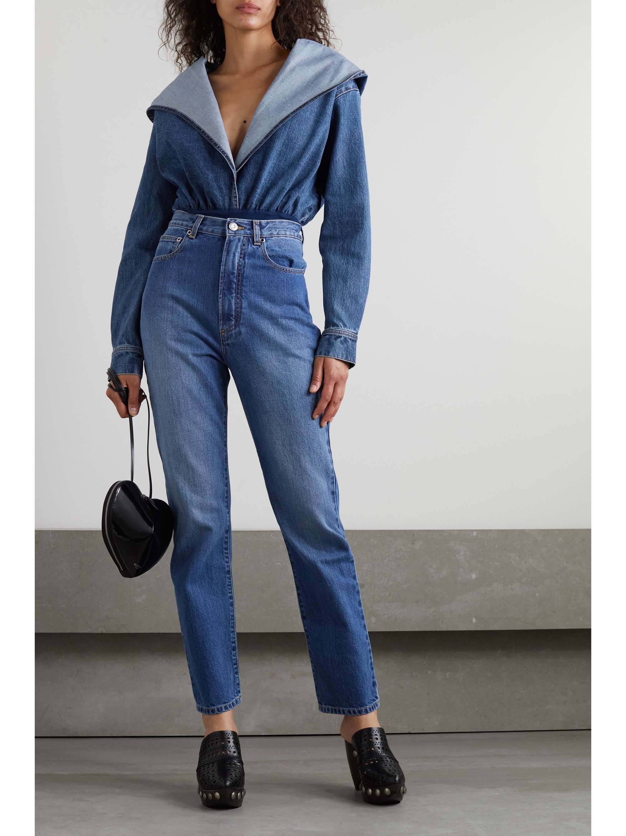 ALAÏA Hooded denim and stretch-knit thong bodysuit