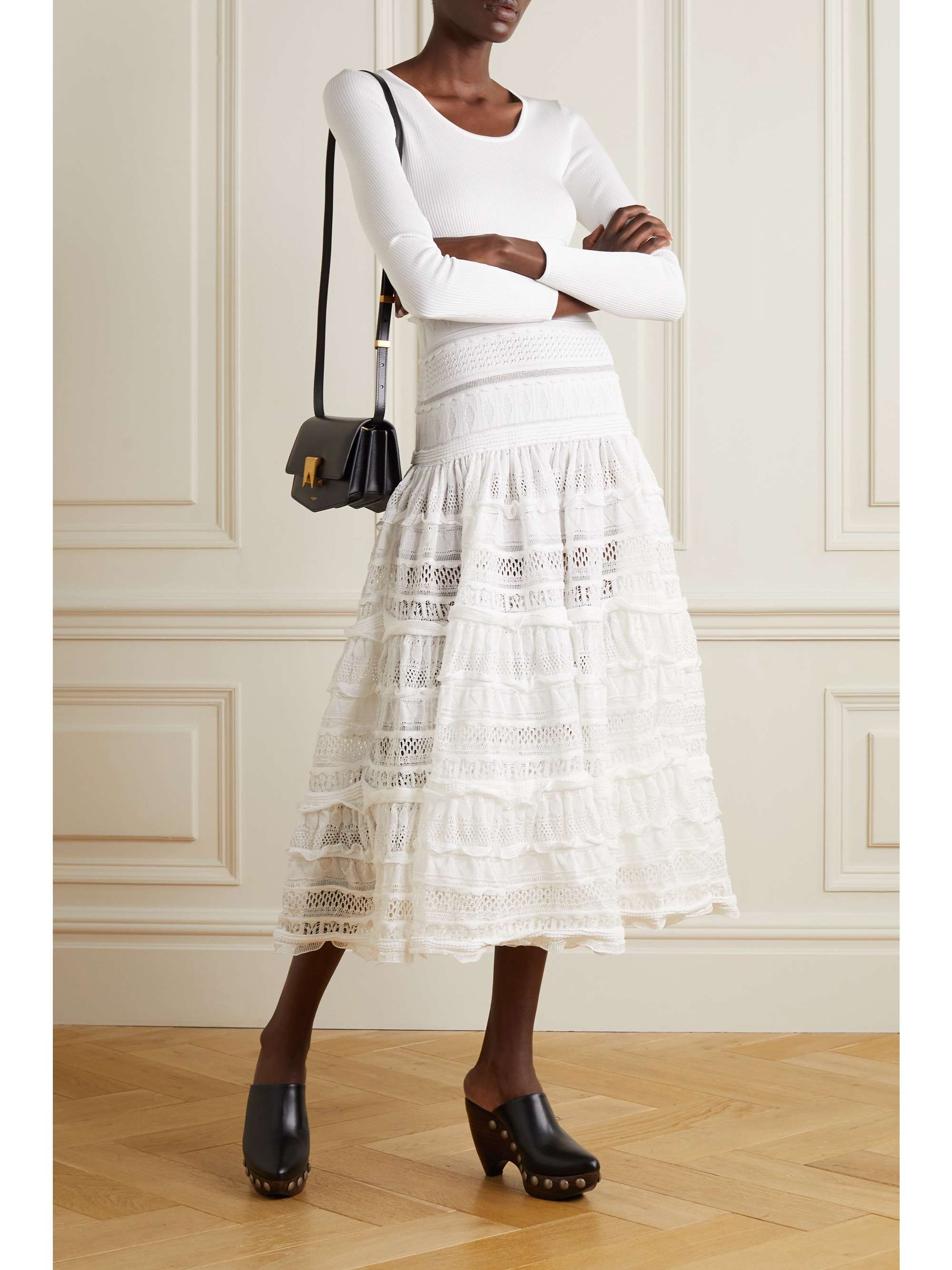White Ribbed pointelle-knit midi dress 