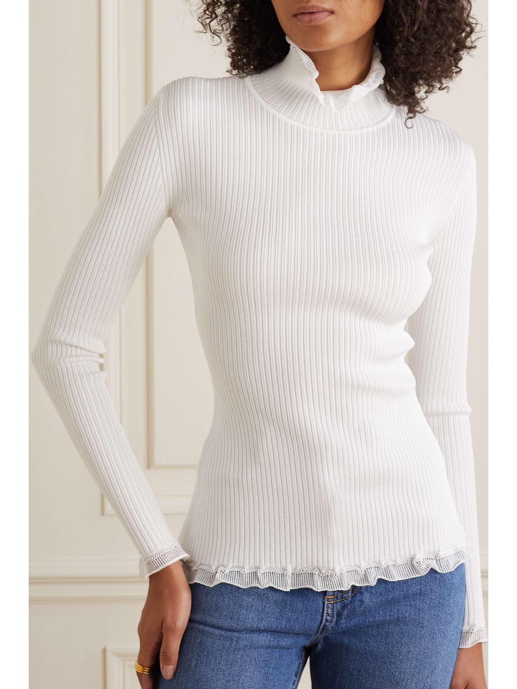 ALAÏA Crocheted lace-trimmed ruffled ribbed-knit turtleneck top |  NET-A-PORTER