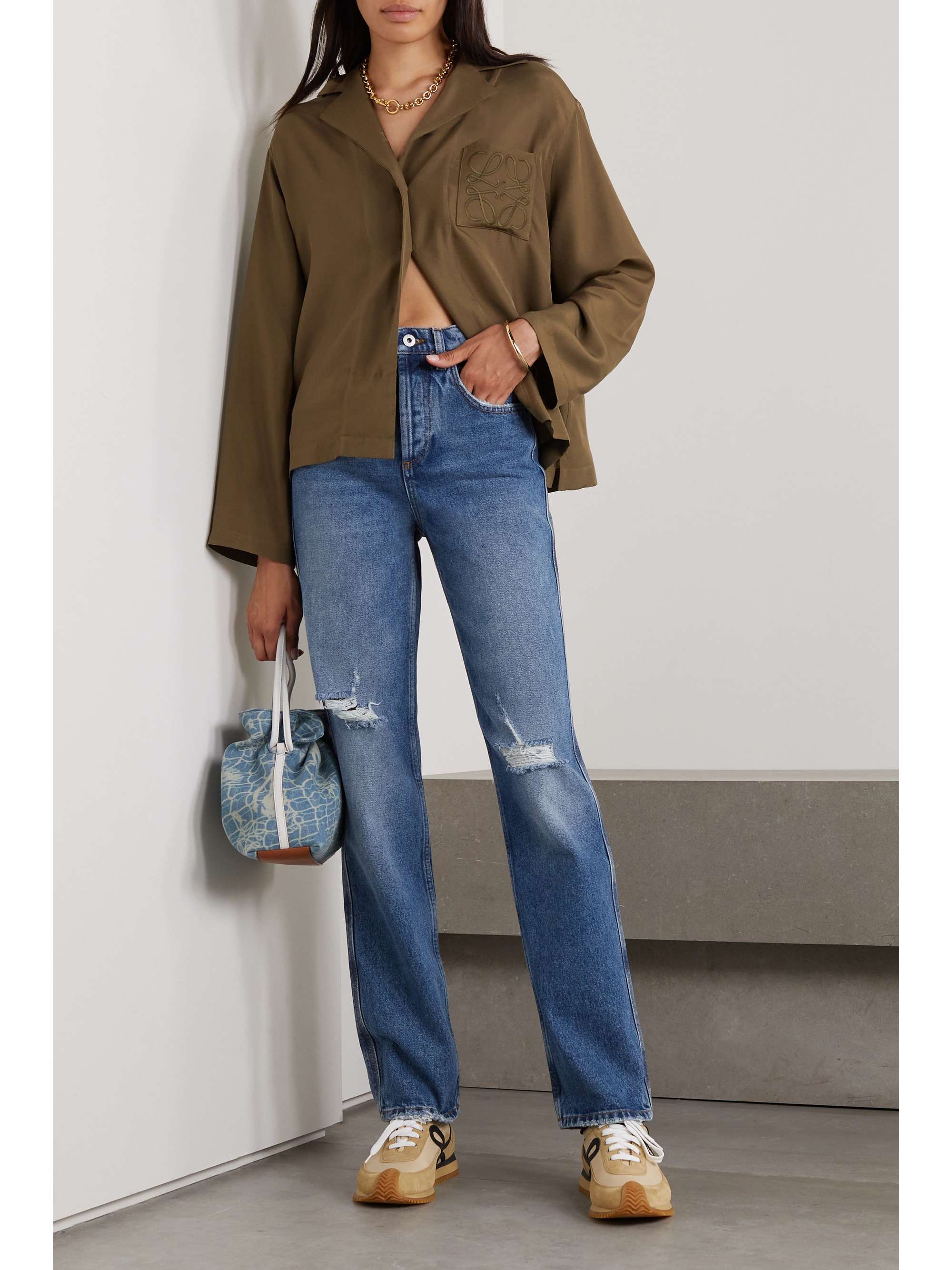 Distressed high-rise straight-leg jeans