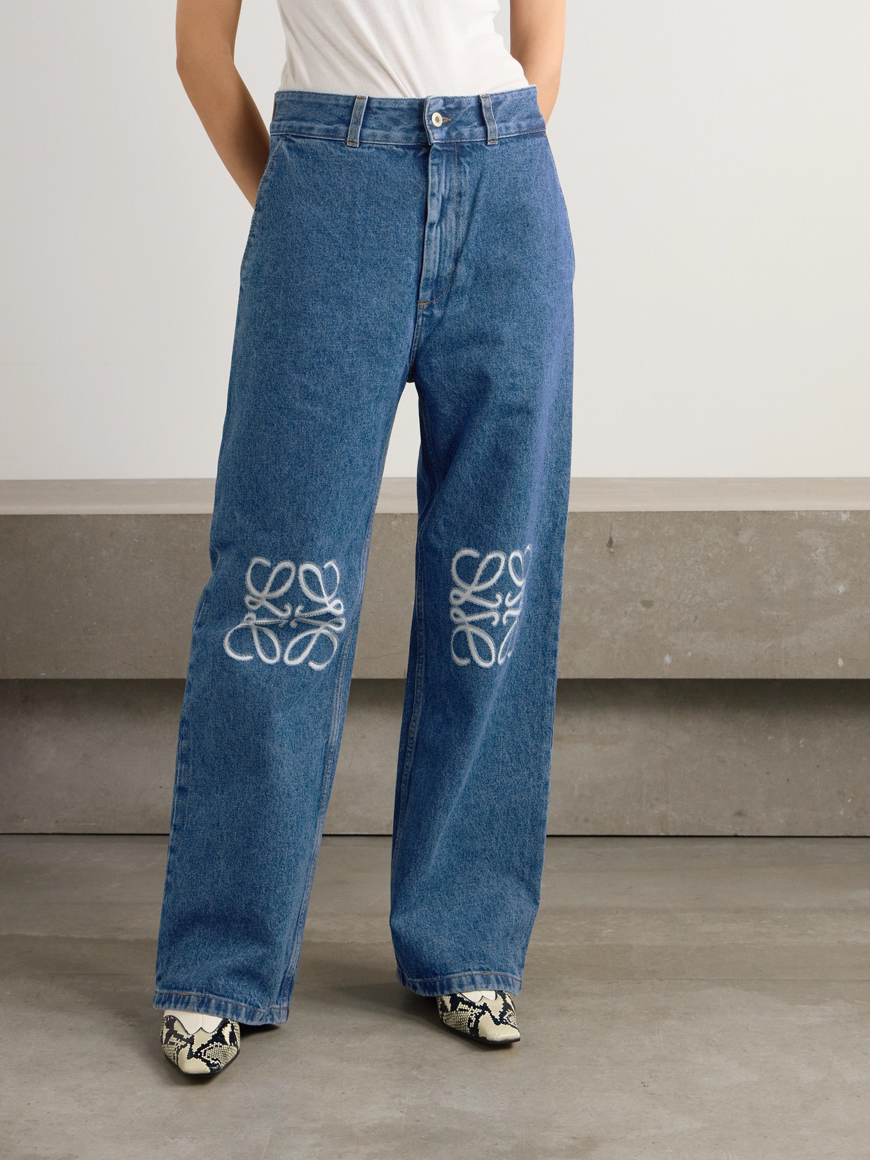 Shop Loewe Anagram Appliquéd High-rise Wide-leg Jeans In Blue