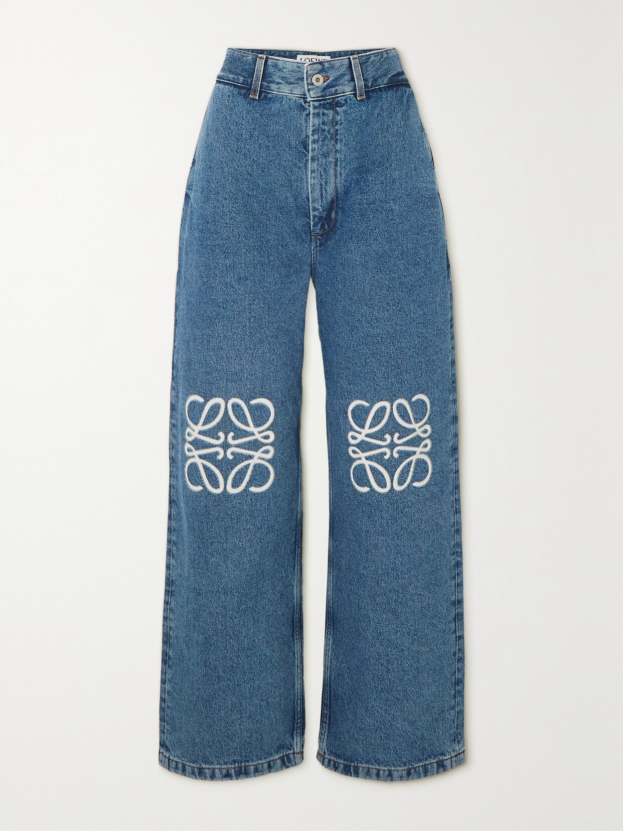 Shop Loewe Anagram Appliquéd High-rise Wide-leg Jeans In Blue