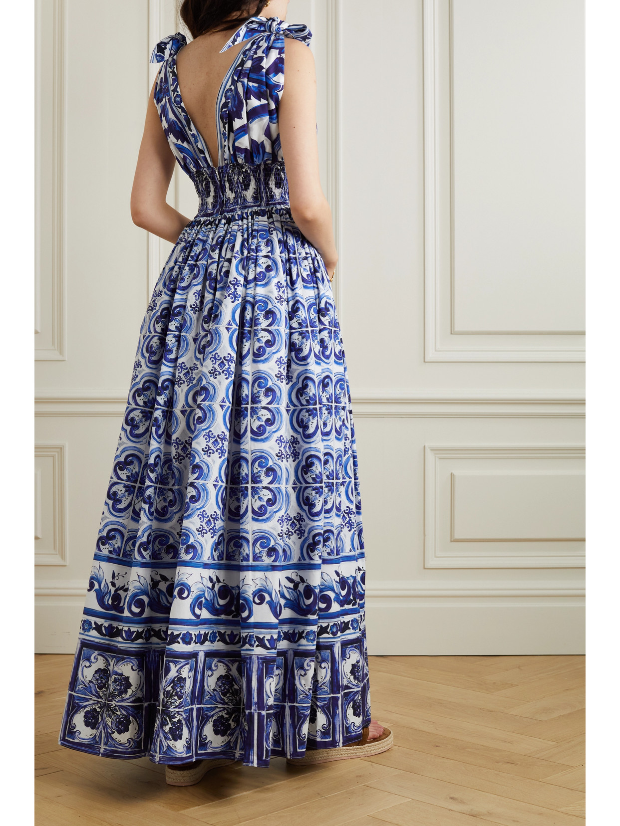 Shop Dolce & Gabbana Open-back Shirred Printed Cotton-poplin Maxi Dress In Blue