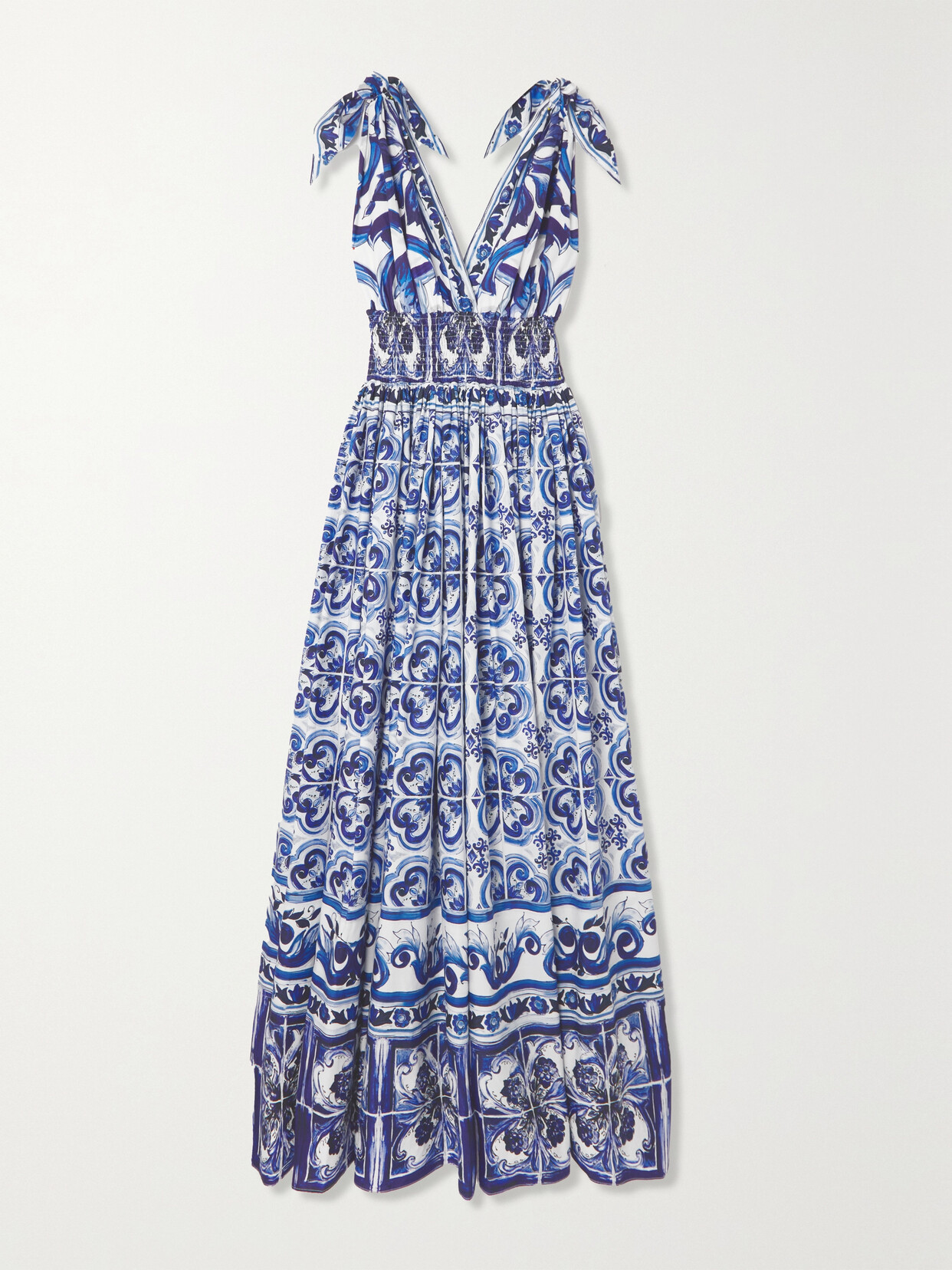 Shop Dolce & Gabbana Open-back Shirred Printed Cotton-poplin Maxi Dress In Blue