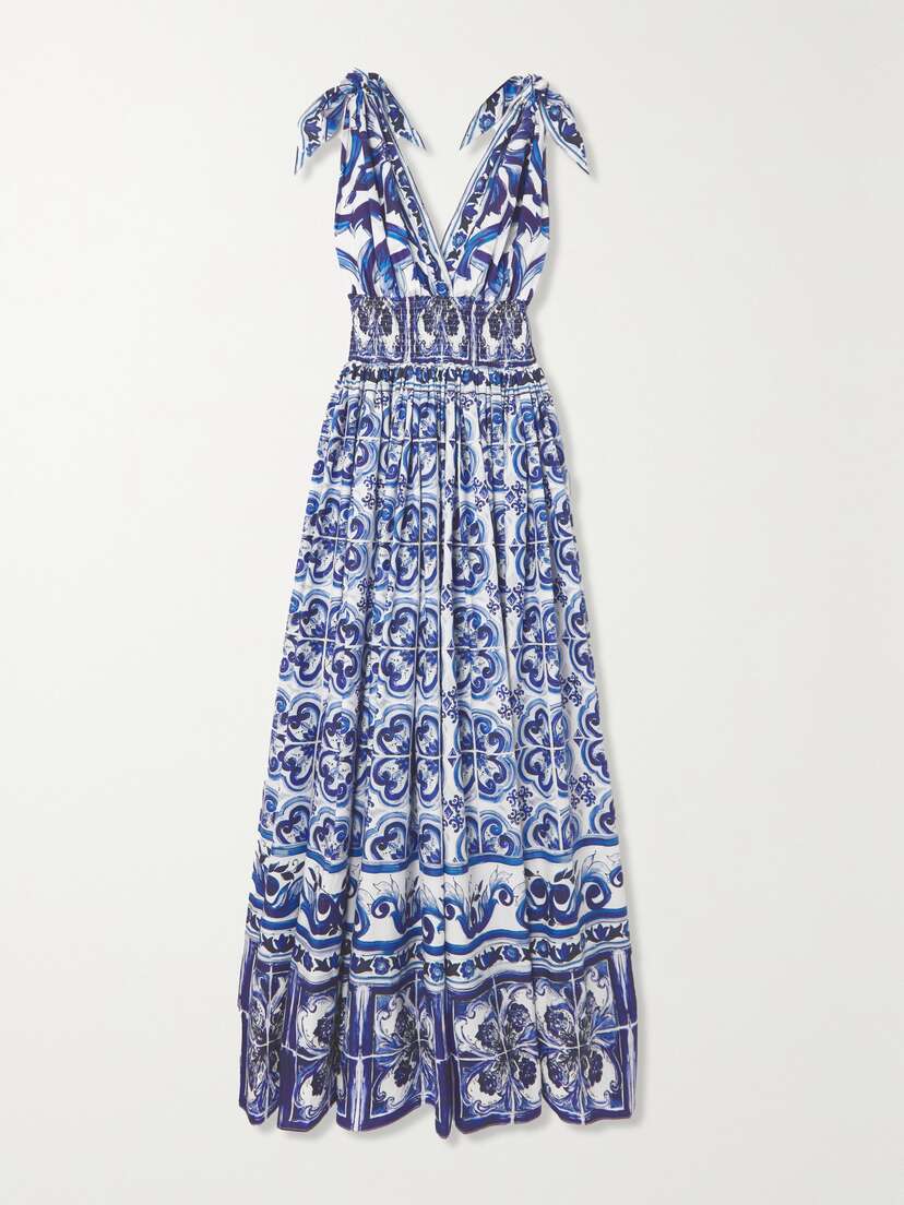 Dolce & Gabbana Maiolica Open-back Shirred Printed Cotton-poplin Maxi Dress