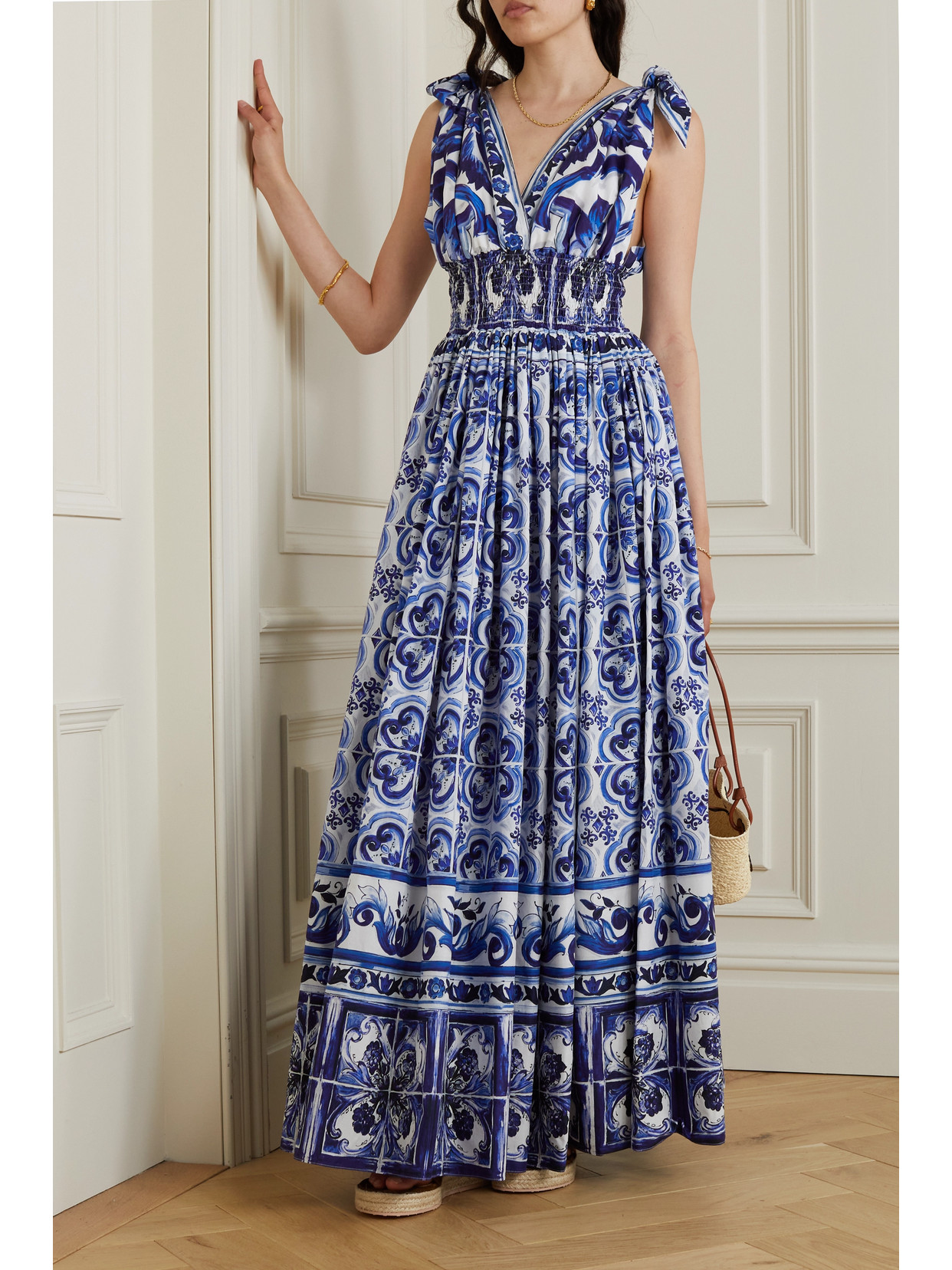 Shop Dolce & Gabbana Open-back Shirred Printed Cotton-poplin Maxi Dress In Blue