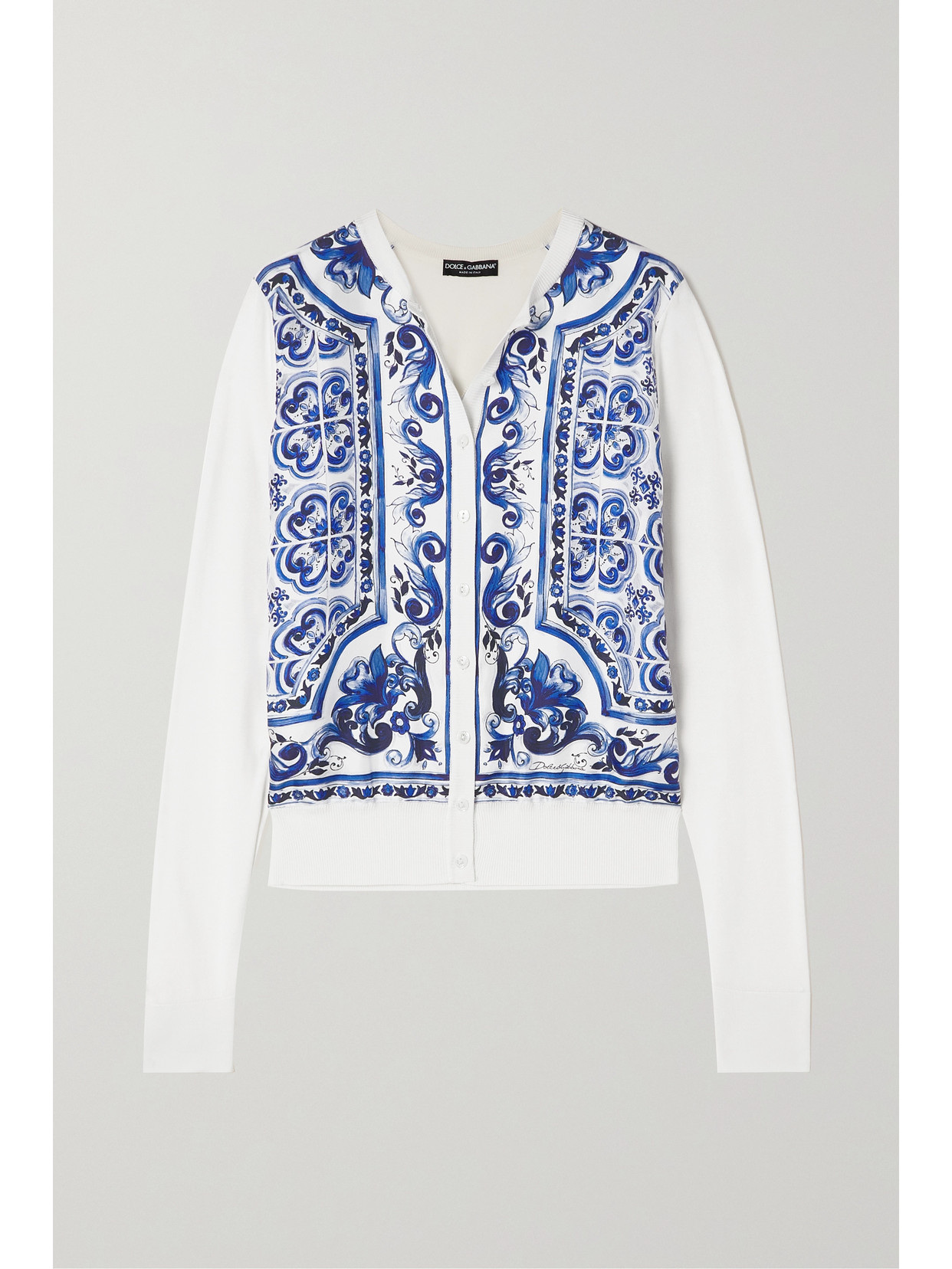 DOLCE & GABBANA PRINTED TWILL-PANELED SILK CARDIGAN