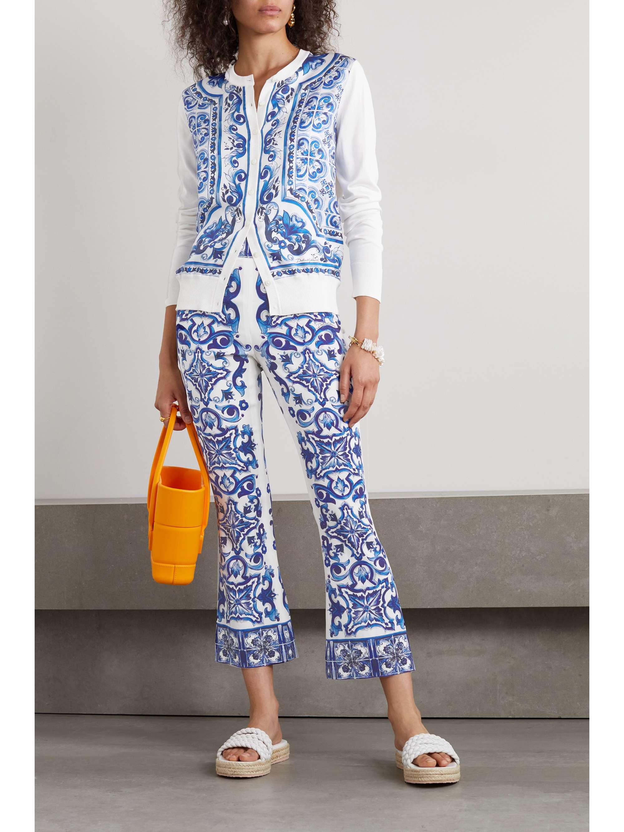 Printed twill-paneled silk cardigan