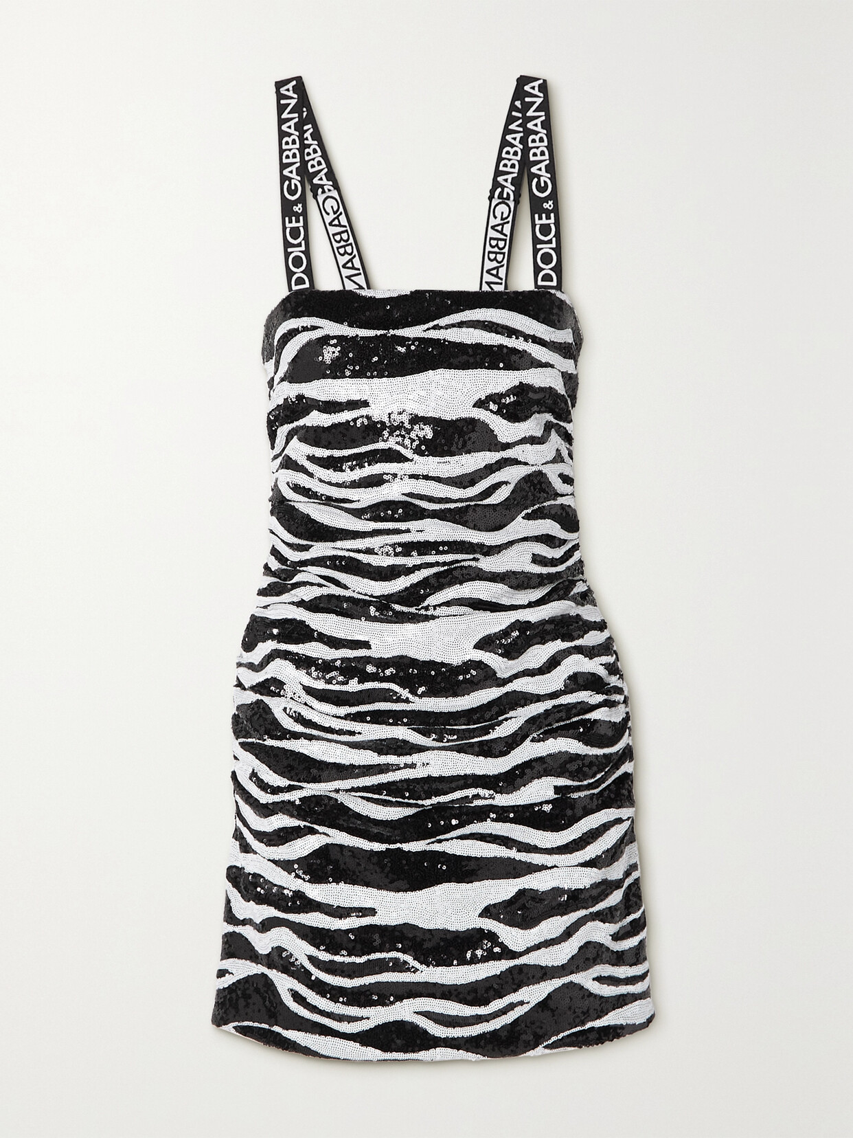 Dolce & Gabbana Ruched Sequined Zebra-print Jersey Mini Dress In Black