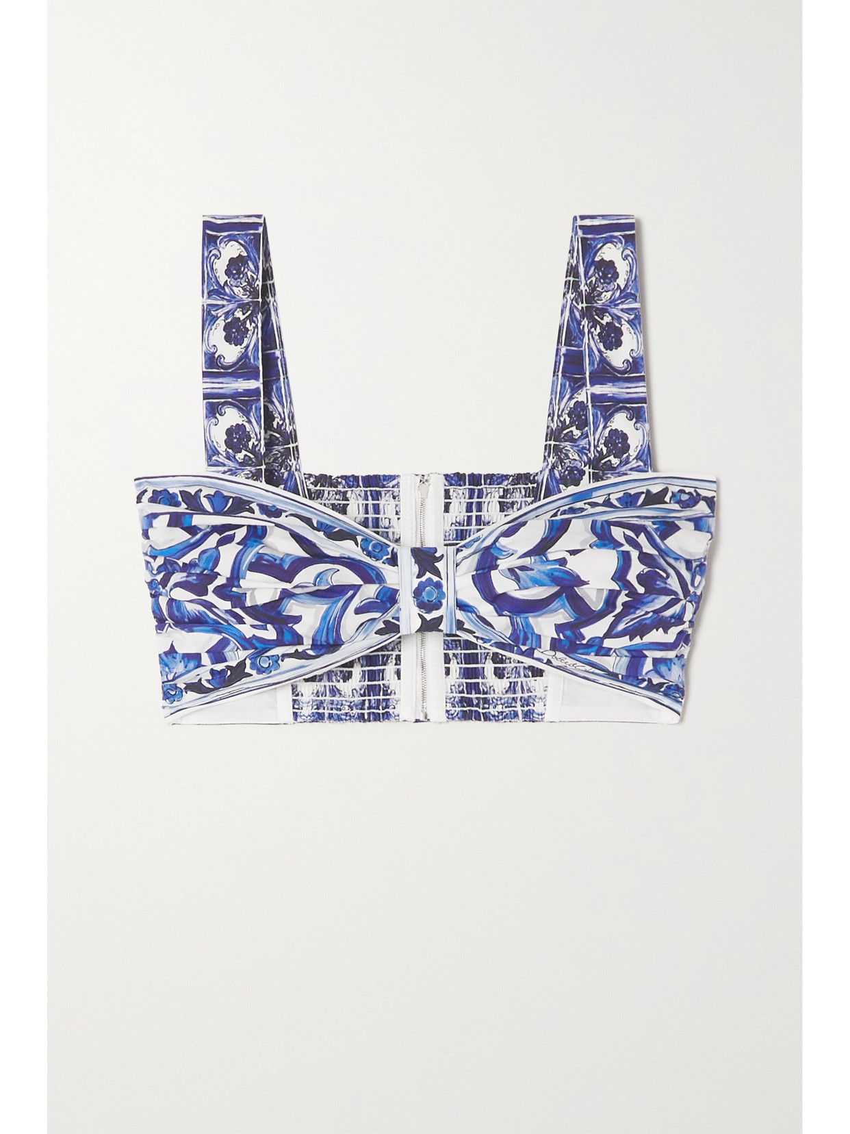 Dolce & Gabbana Majolica-print Cropped Cotton-poplin Top In Blue