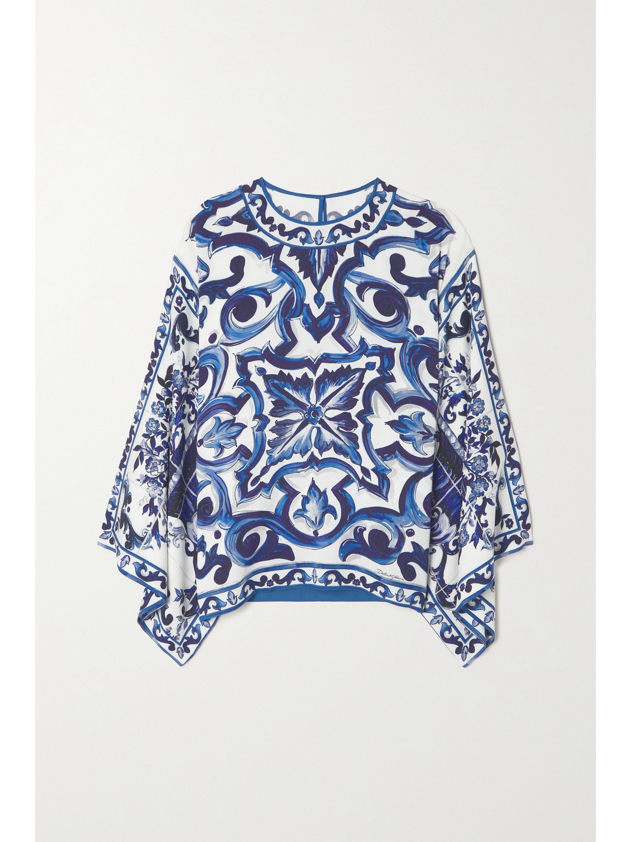 Dolce & Gabbana Majolica-print Round Neck Charmeuse Blouse In Blue
