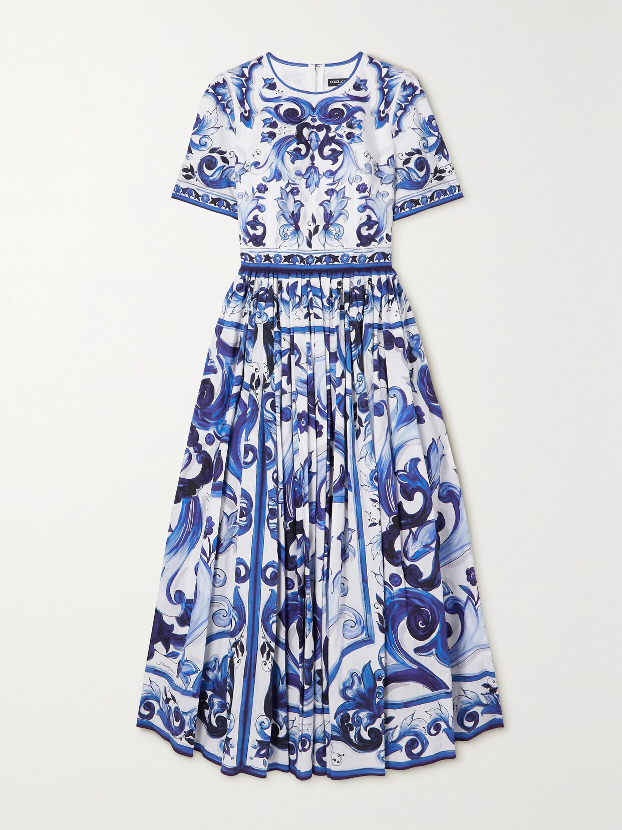 Dolce & Gabbana Pleated Printed Cotton-poplin Midi Dress In Blue
