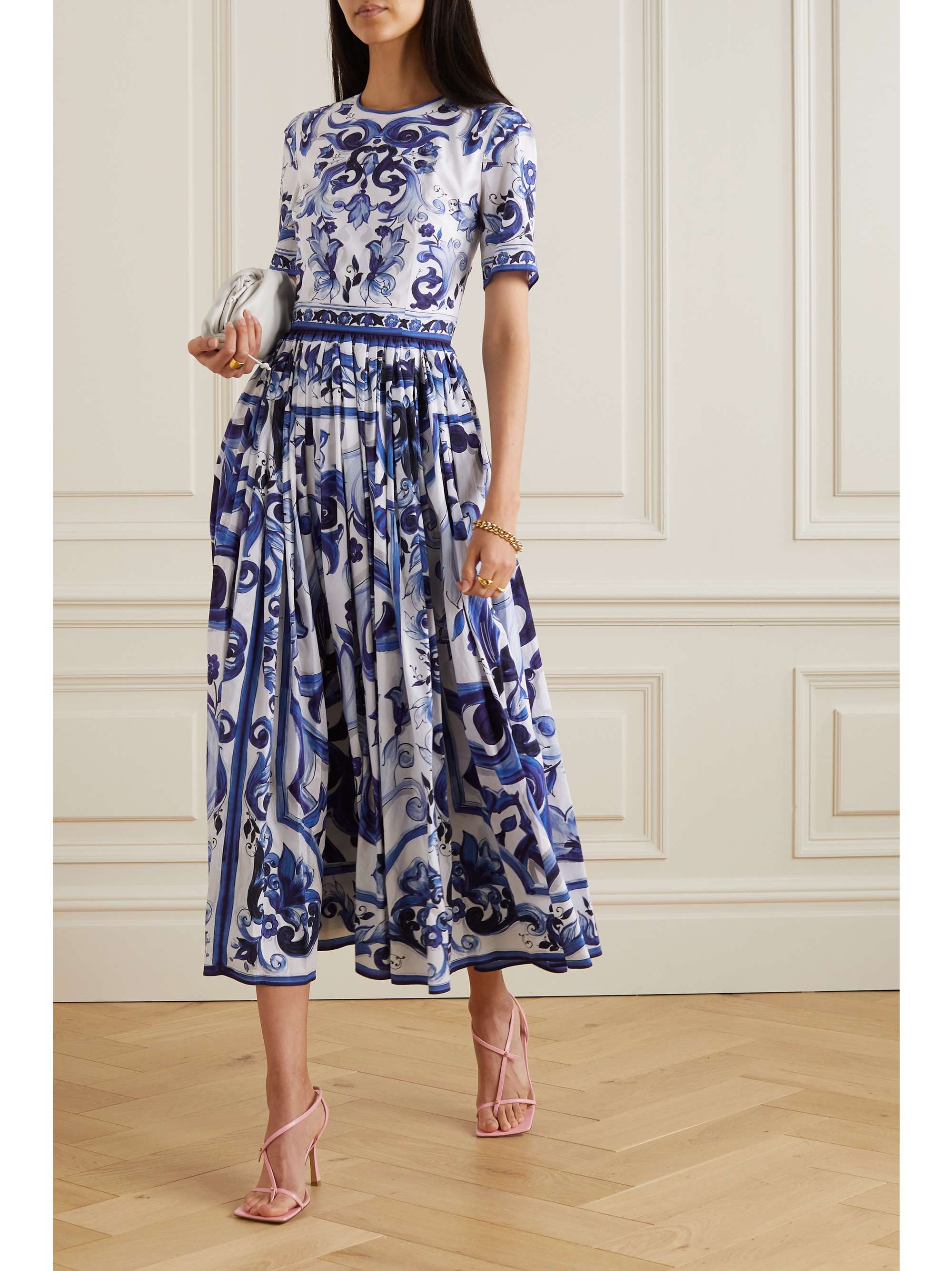 DOLCE & GABBANA Pleated printed cotton-poplin midi dress | NET-A-PORTER