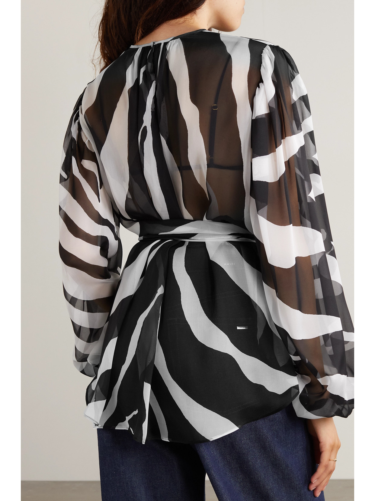 Dolce & Gabbana Belted Gathered Zebra-print Chiffon Blouse In Black