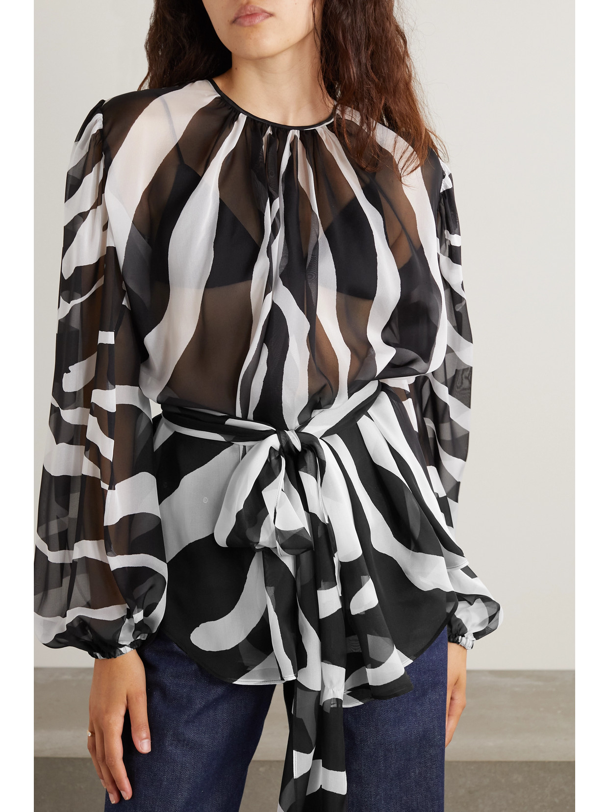 Dolce & Gabbana Belted Gathered Zebra-print Chiffon Blouse In Black