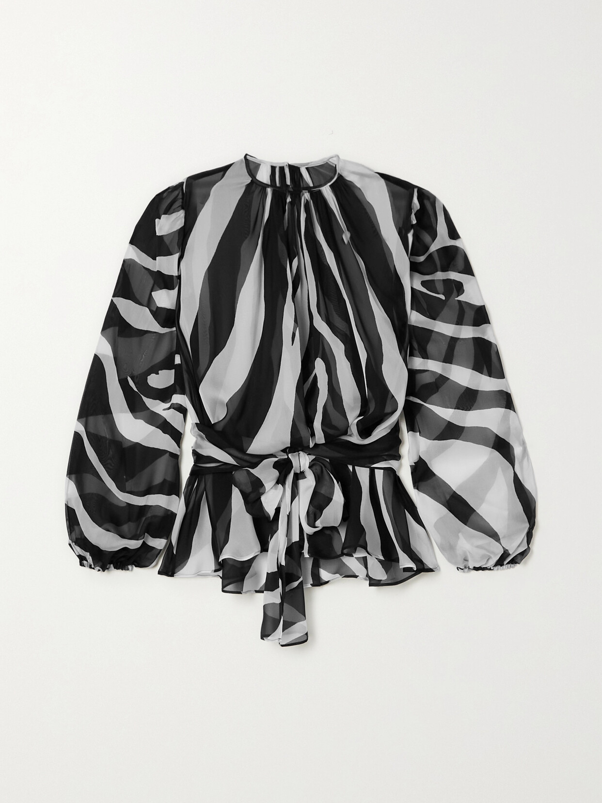 Dolce & Gabbana Belted Gathered Zebra-print Chiffon Blouse In Black