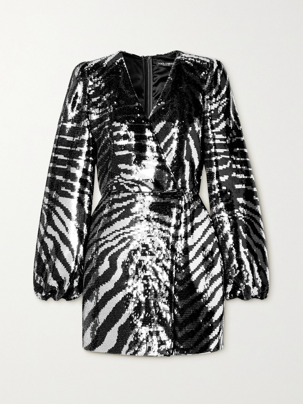 Dolce & Gabbana Wrap-effect Sequined Jersey Mini Wrap Dress In Silver