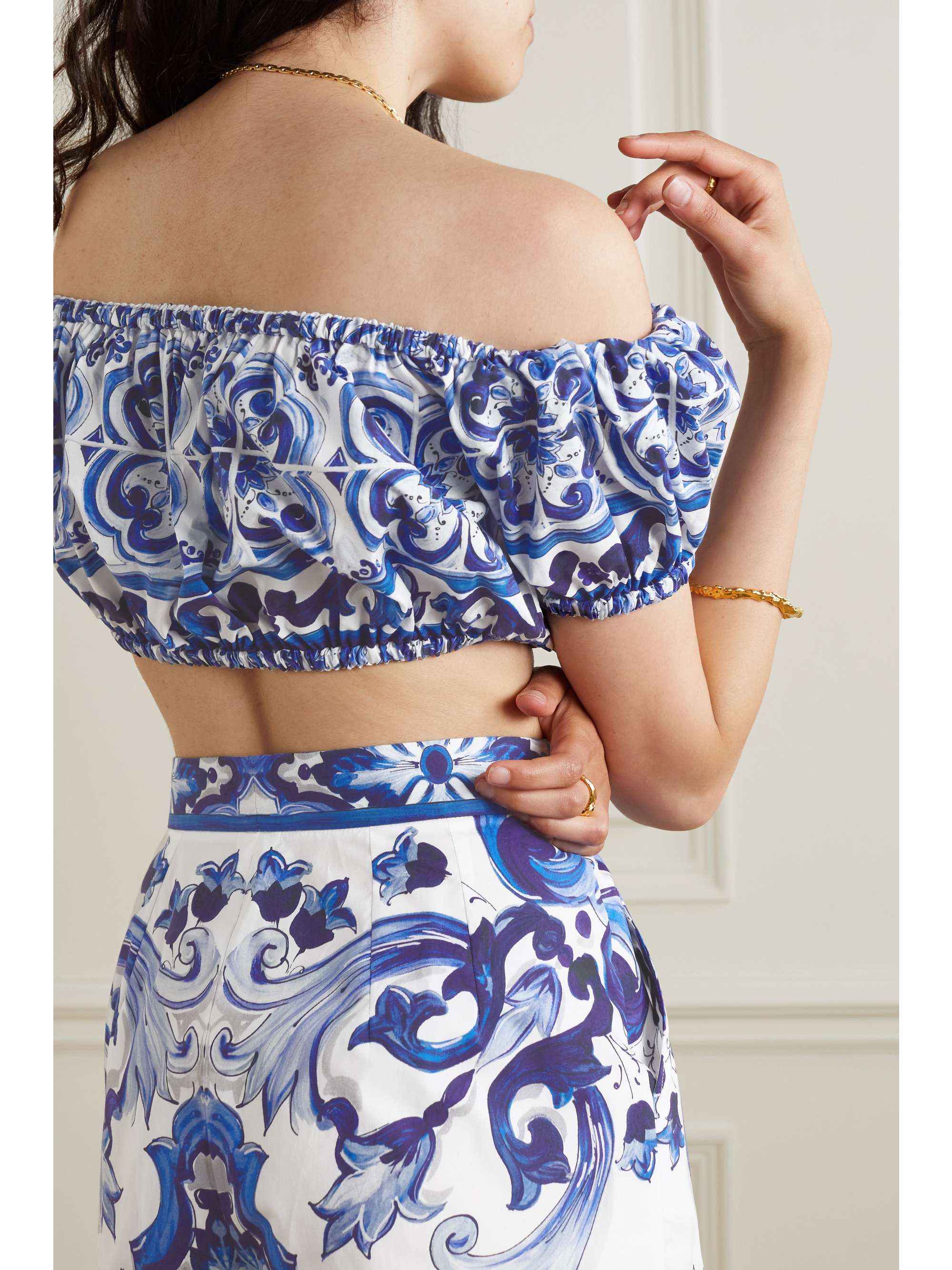 DOLCE&GABBANA Bardot cropped printed cotton-poplin top