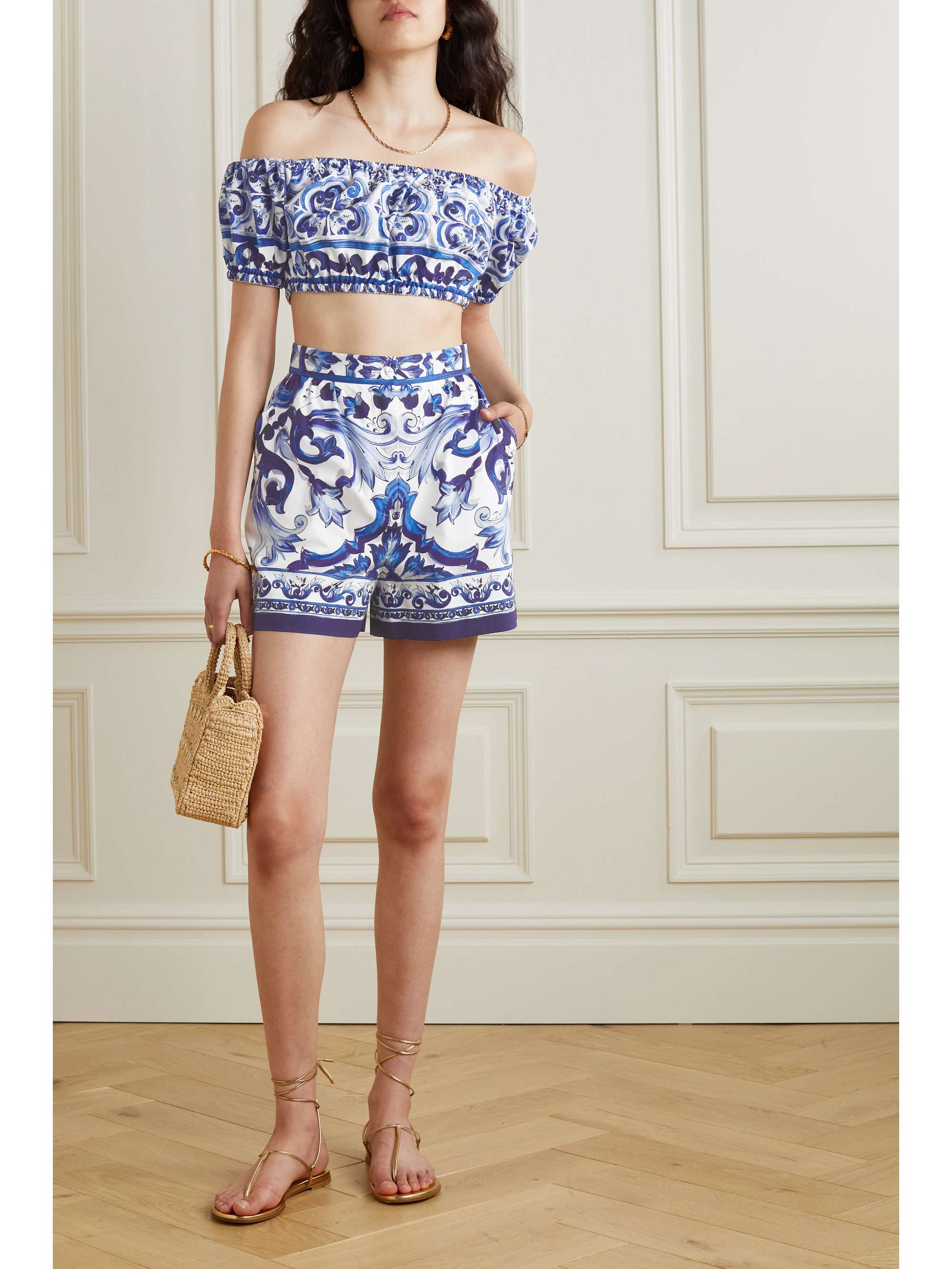 DOLCE&GABBANA Bardot cropped printed cotton-poplin top