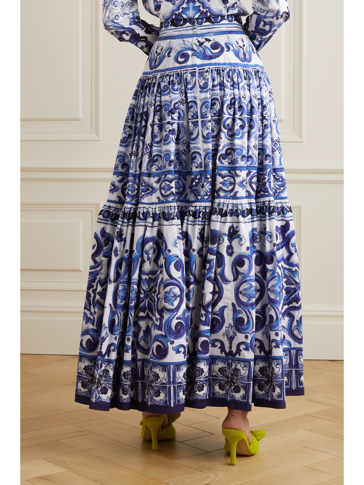 Shop Dolce & Gabbana Tiered Printed Cotton-poplin Maxi Skirt In Blue