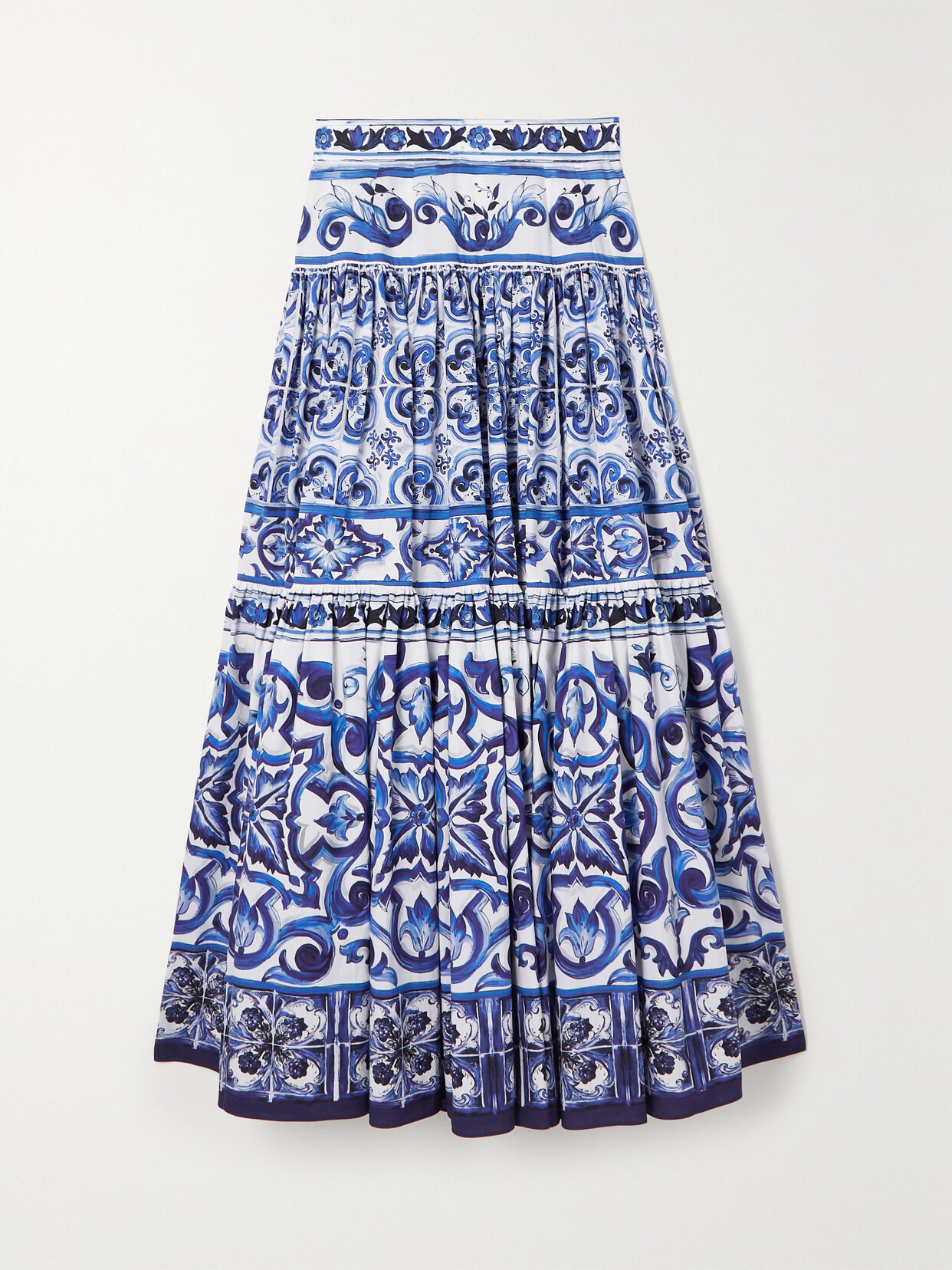 Dolce & Gabbana Maiolica Tiered Printed Cotton-poplin Maxi Skirt In Blue