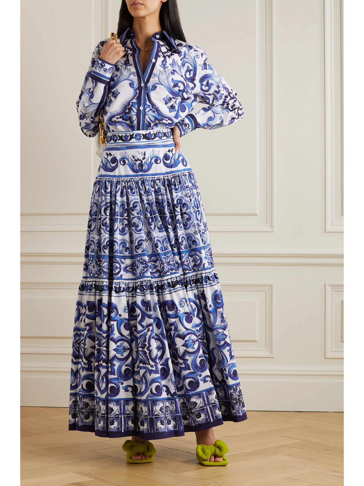 Shop Dolce & Gabbana Tiered Printed Cotton-poplin Maxi Skirt In Blue