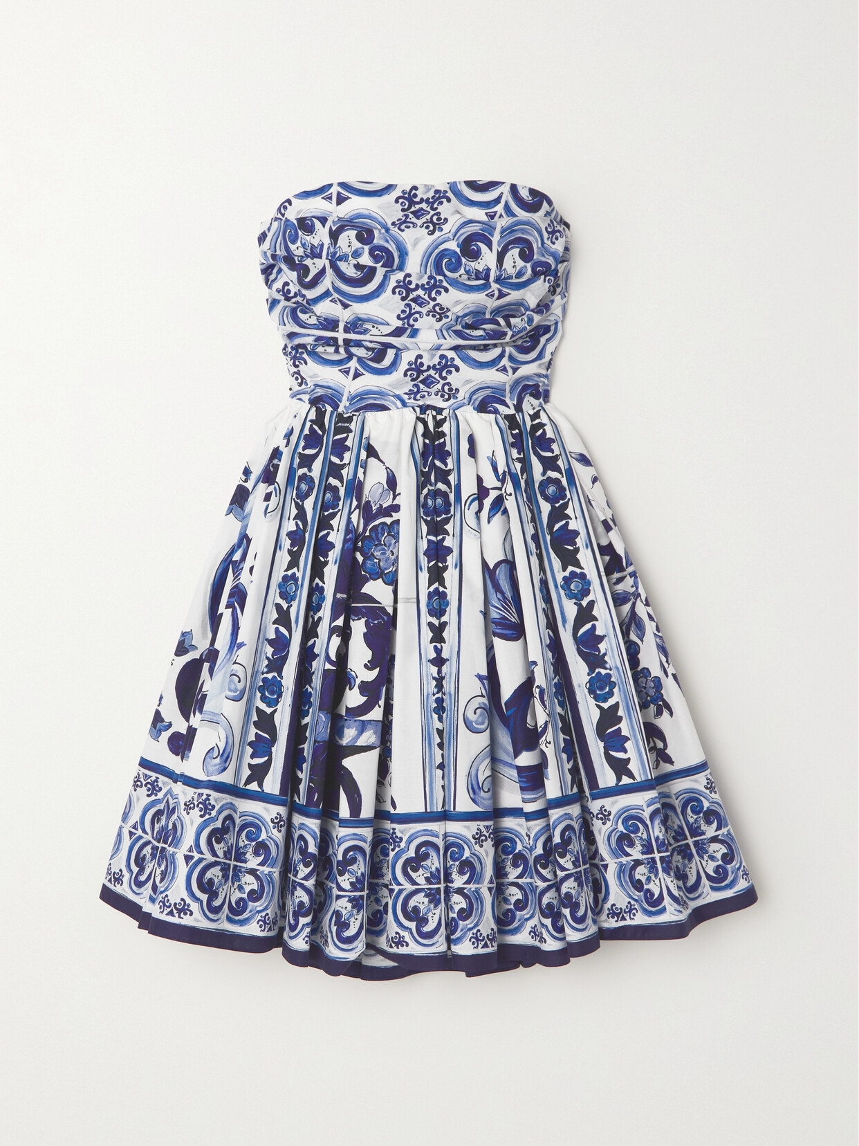 Dolce & Gabbana Strapless Pleated Printed Cotton-poplin Mini Dress In Blue