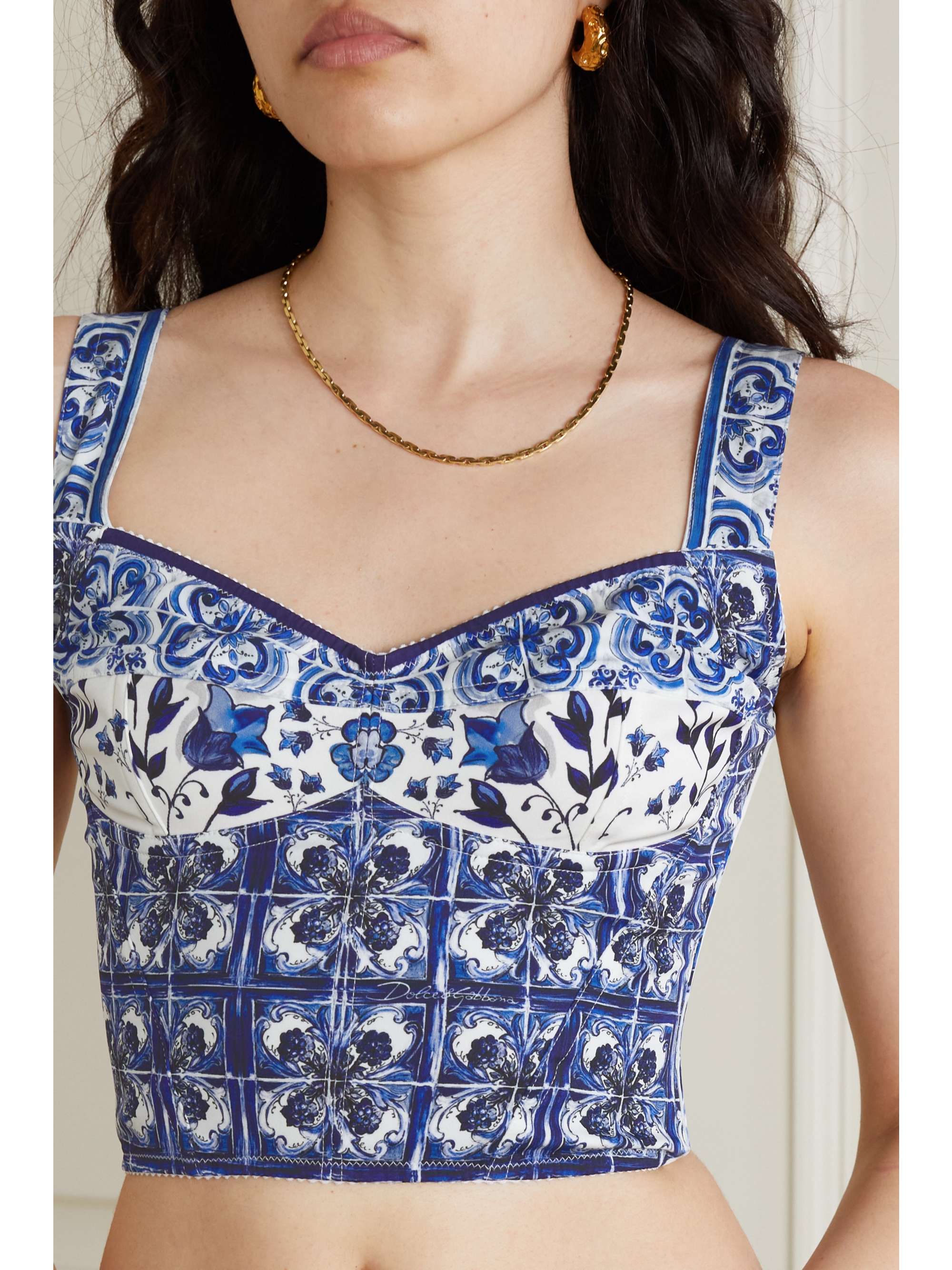 DOLCE & GABBANA Cropped floral-print silk-blend bustier top