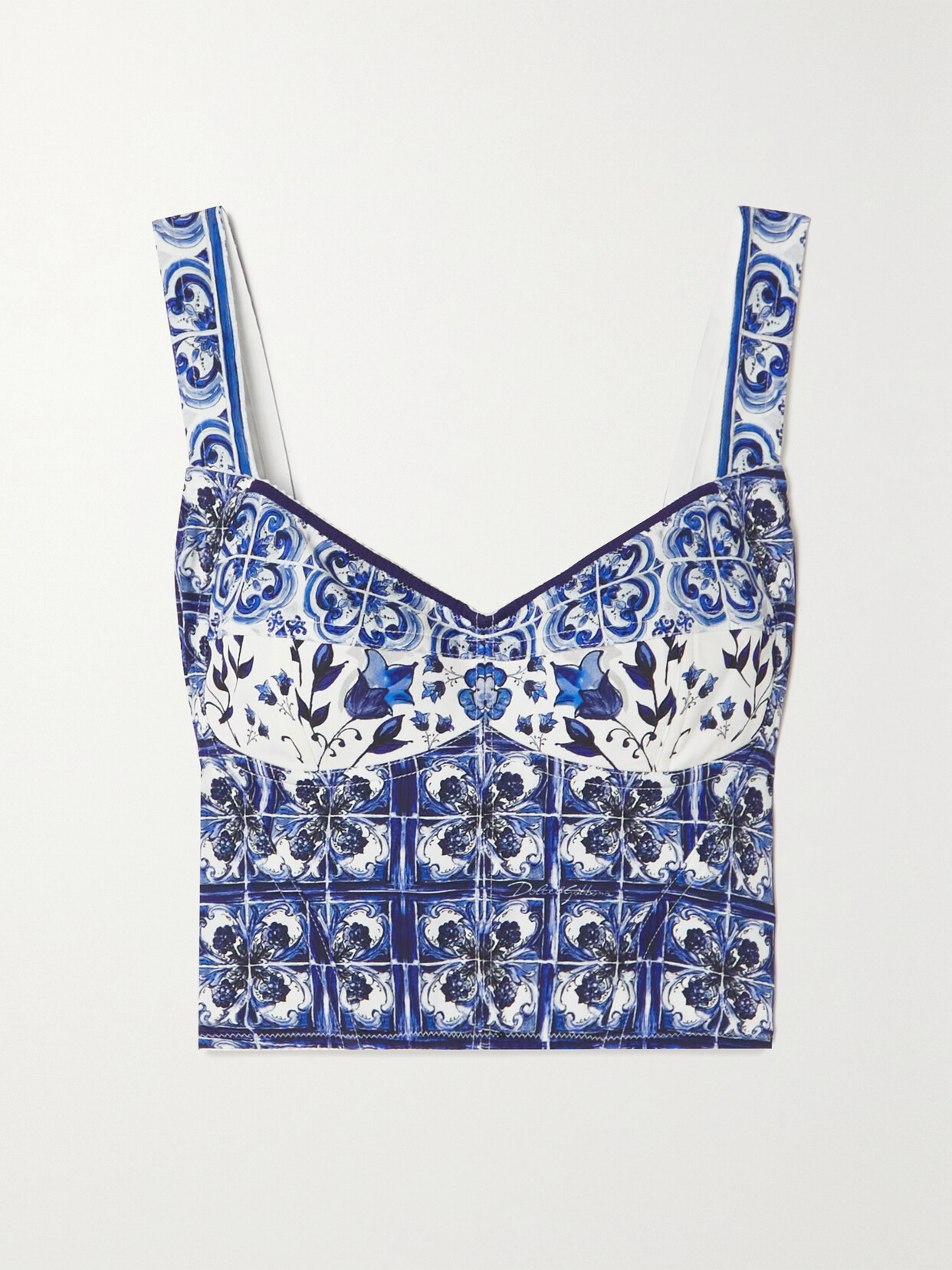 Dolce & Gabbana Cropped Floral-print Silk-blend Bustier Top In Blue