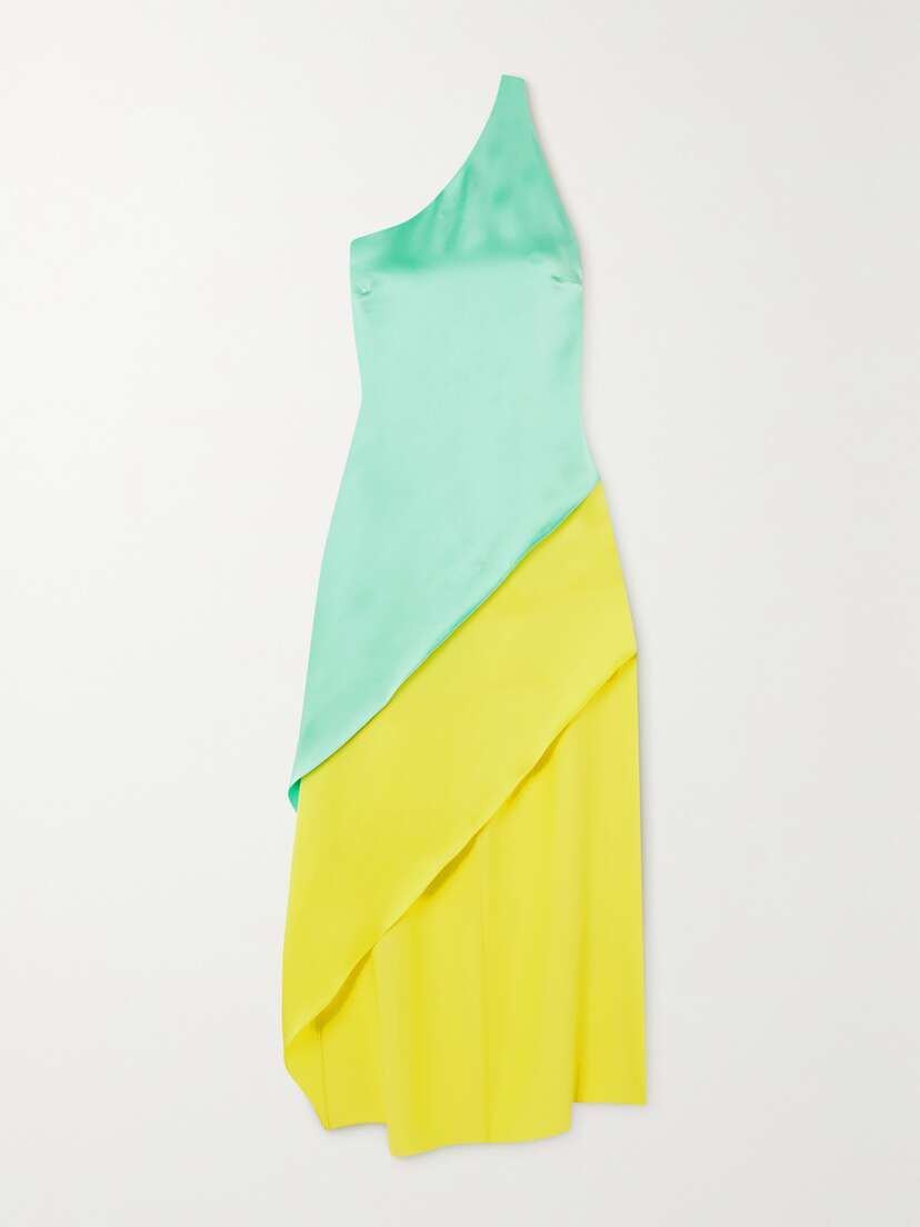 Halpern Razor One-shoulder Two-tone Satin Midi Dress