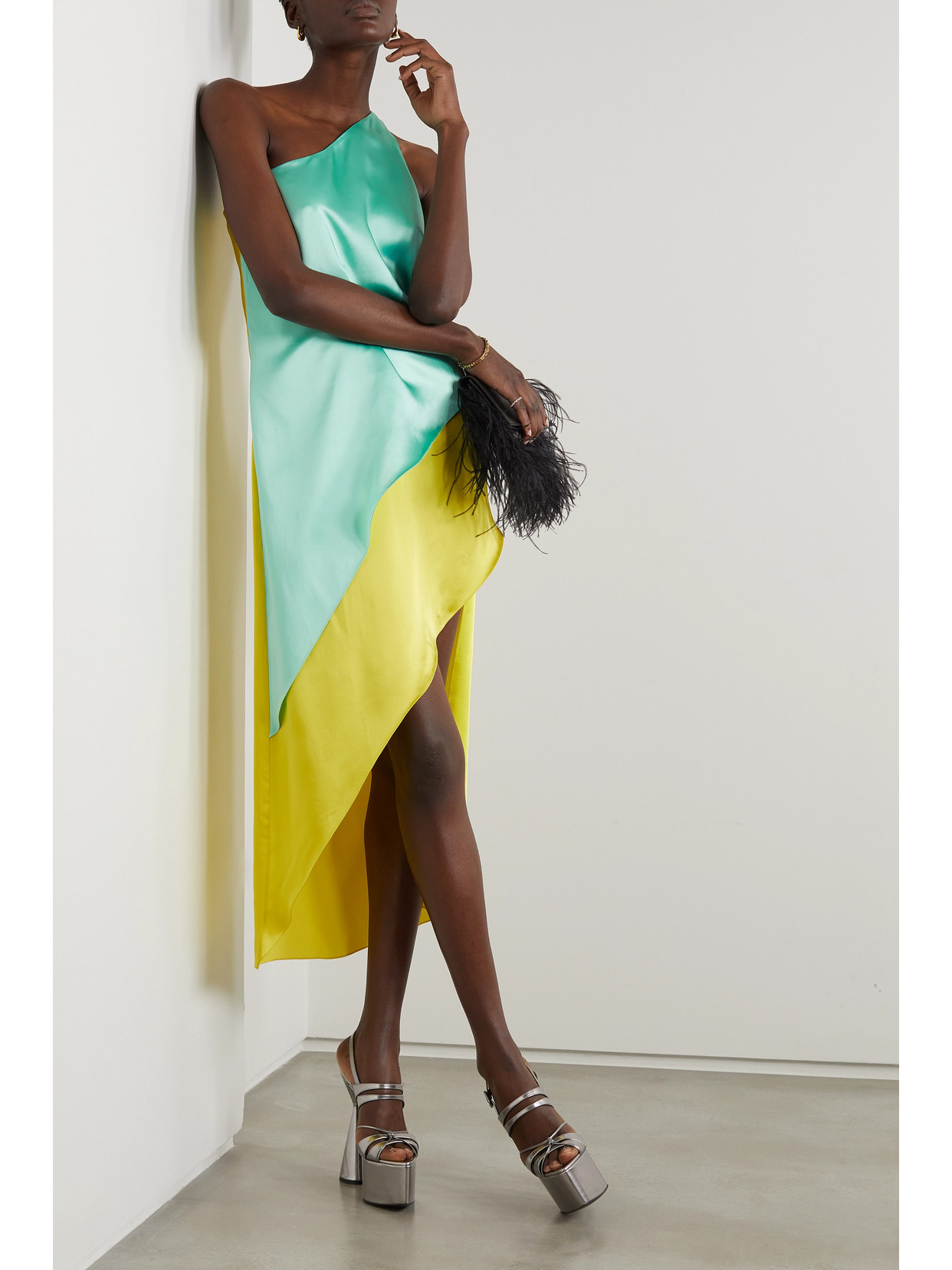 Halpern Razor One-shoulder Two-tone Satin Midi Dress In Yellow