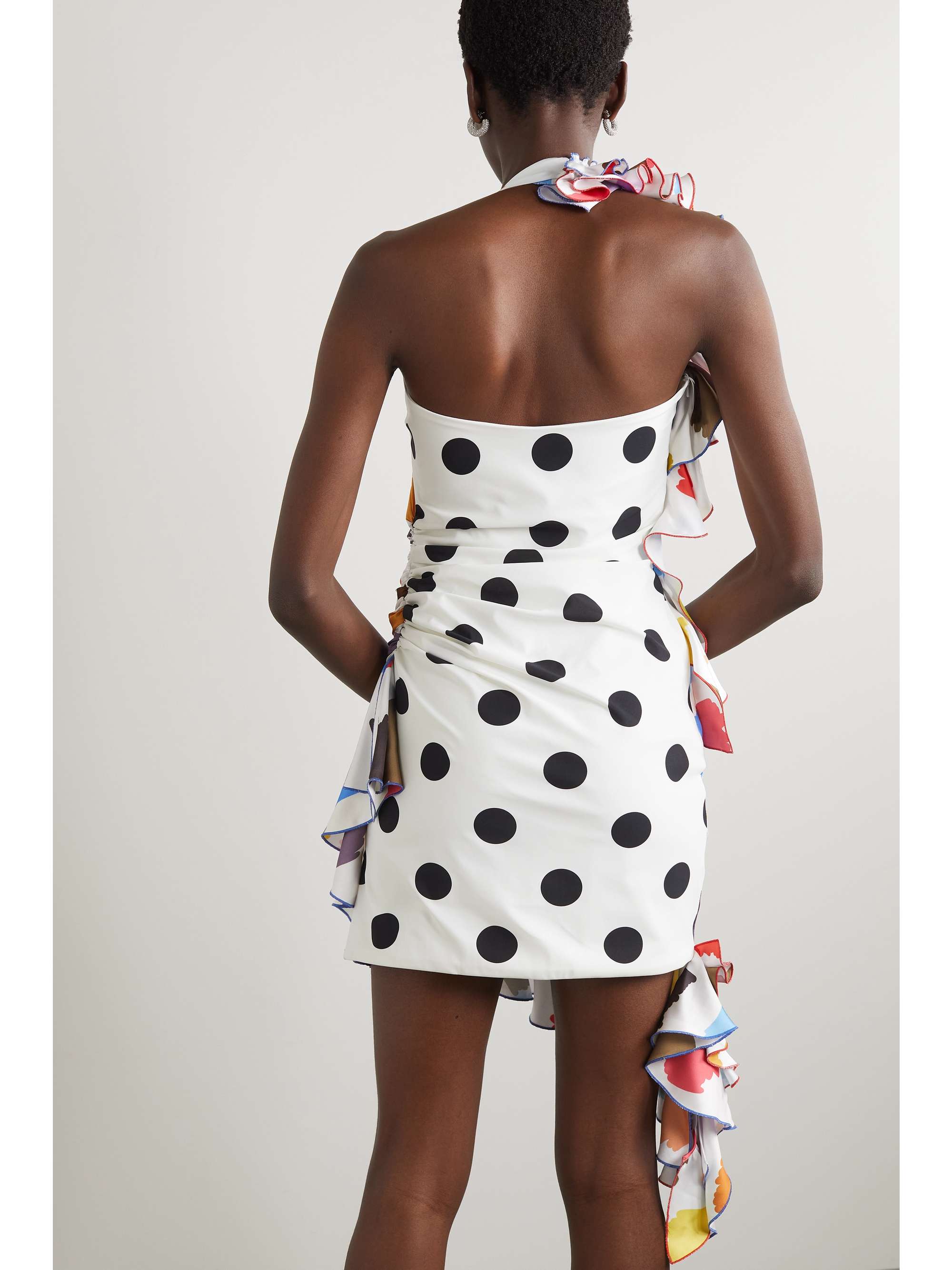 HALPERN Asymmetric ruffled printed crepe de chine mini dress