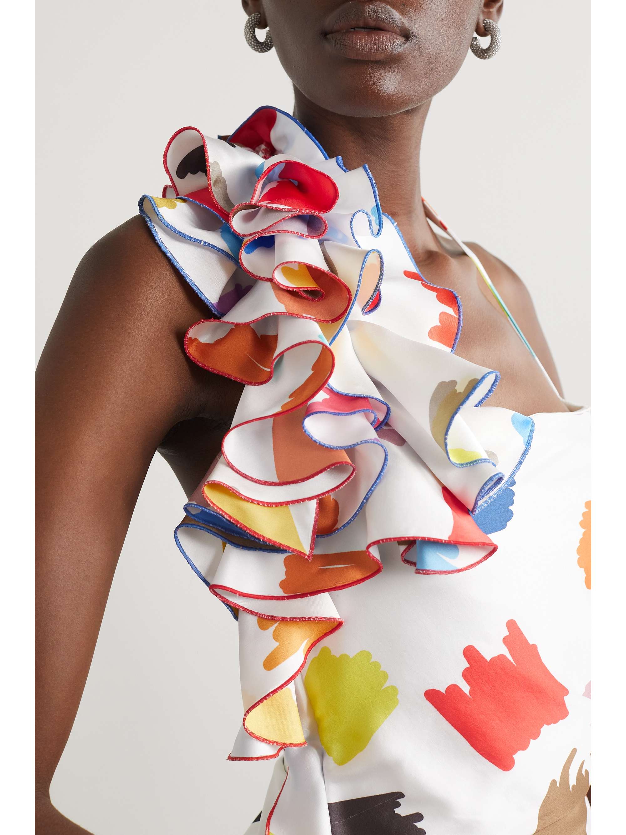 HALPERN Asymmetric ruffled printed crepe de chine mini dress