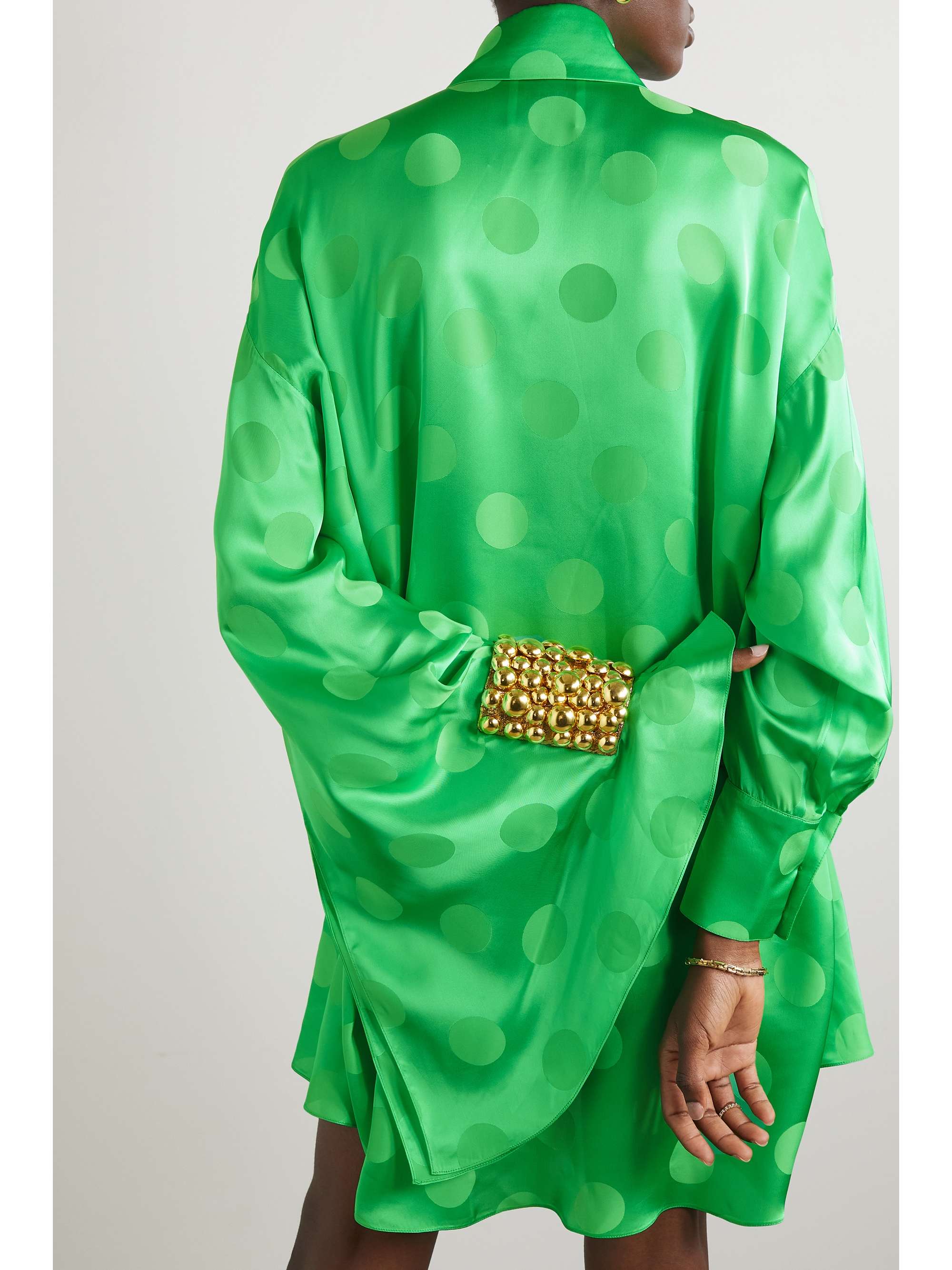 HALPERN Asymmetric embellished polka-dot satin-jacquard mini shirt dress