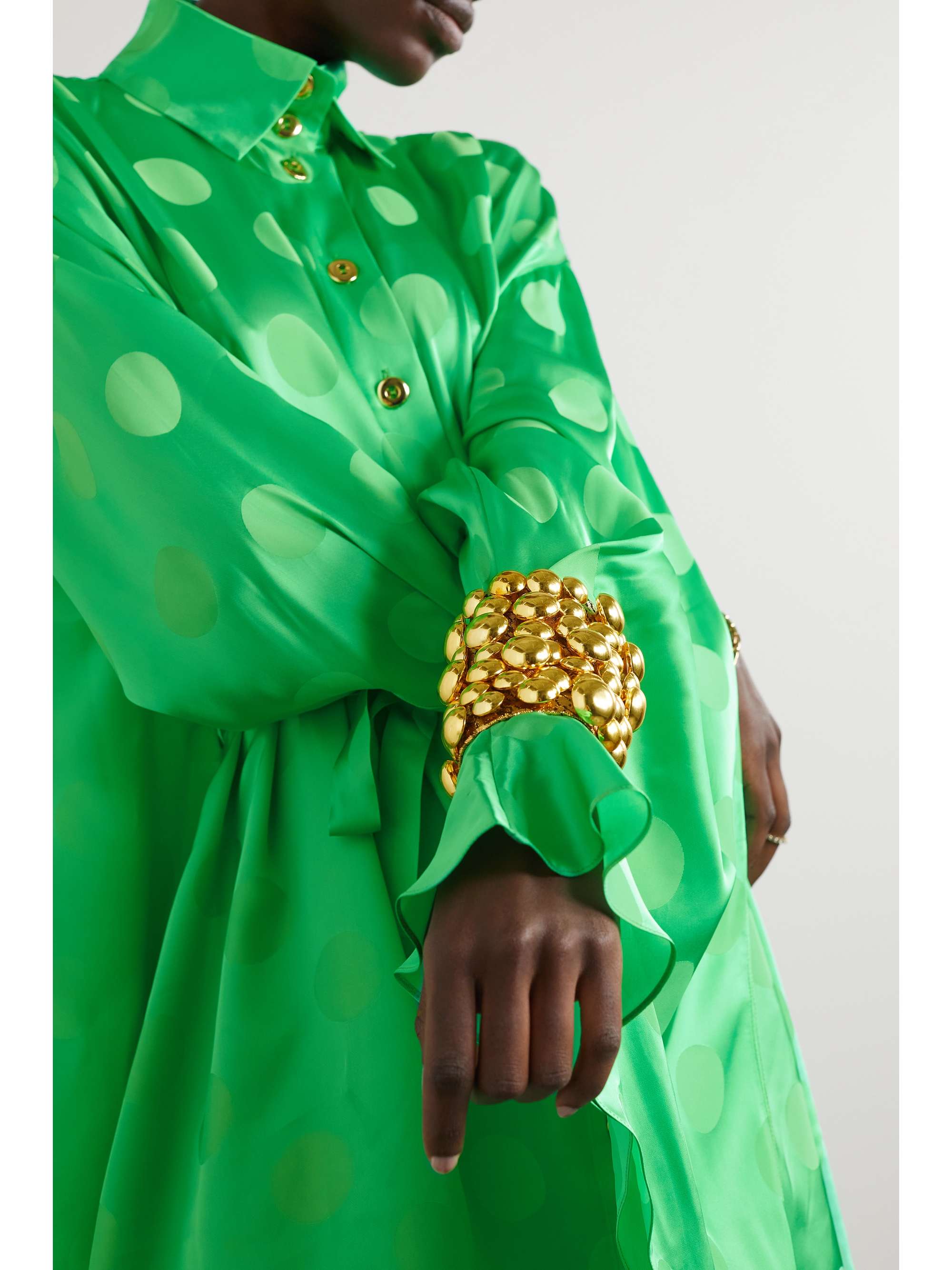 HALPERN Asymmetric embellished polka-dot satin-jacquard mini shirt dress