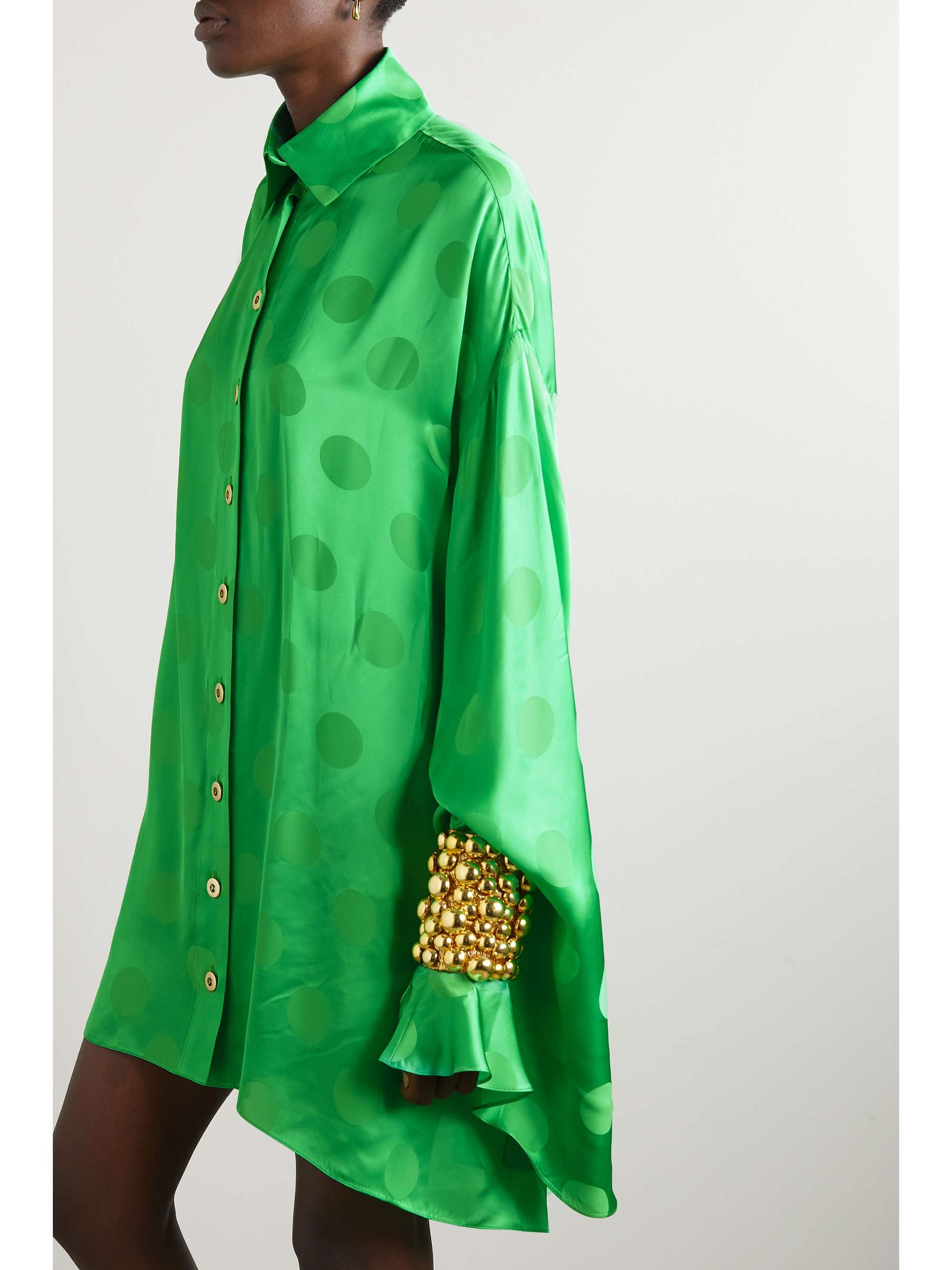 HALPERN Asymmetric embellished polka-dot satin-jacquard mini shirt dress