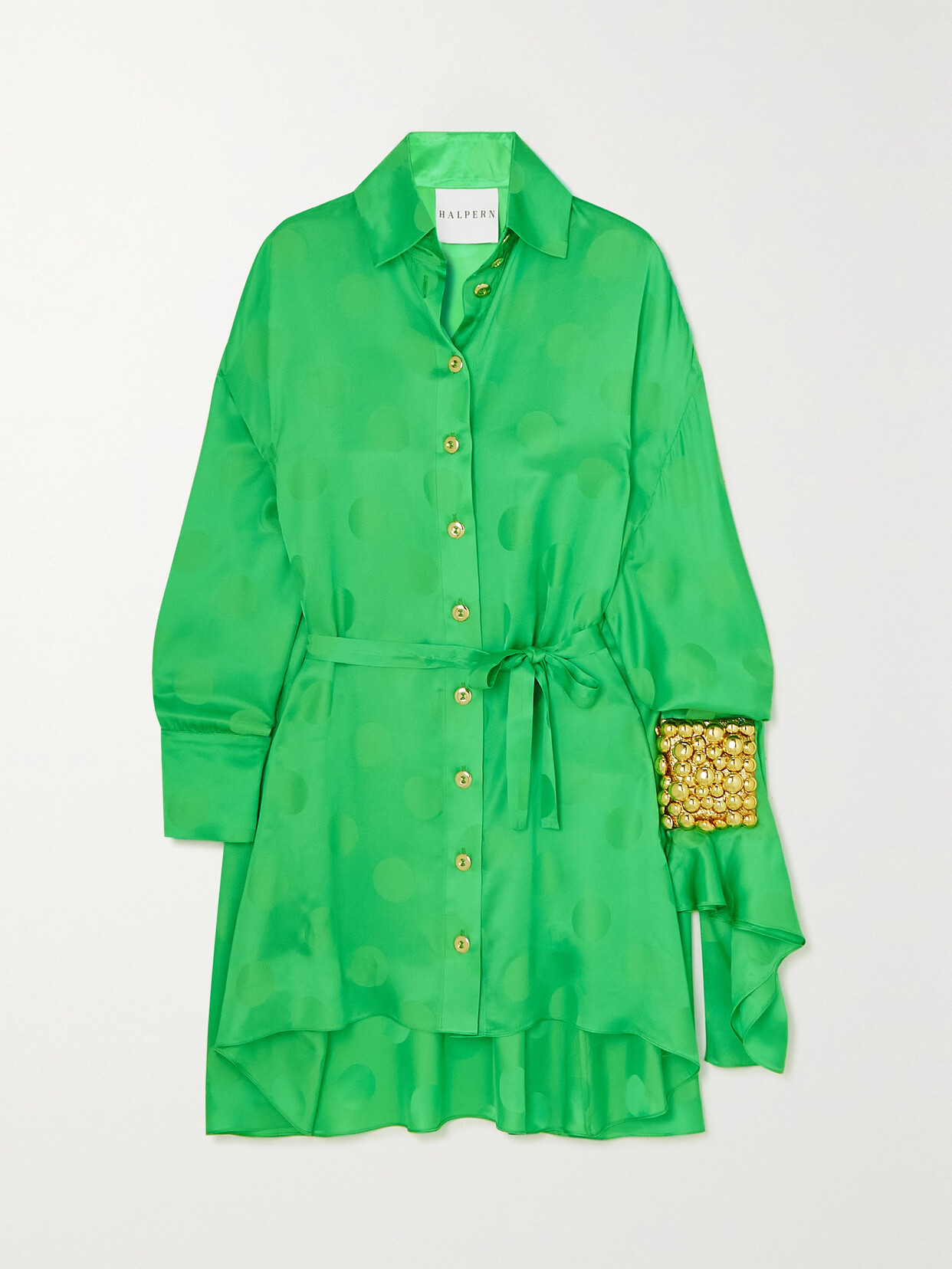 Halpern - Asymmetric Embellished Polka-dot Satin-jacquard Mini Shirt Dress - Green 22 Awaiting product image