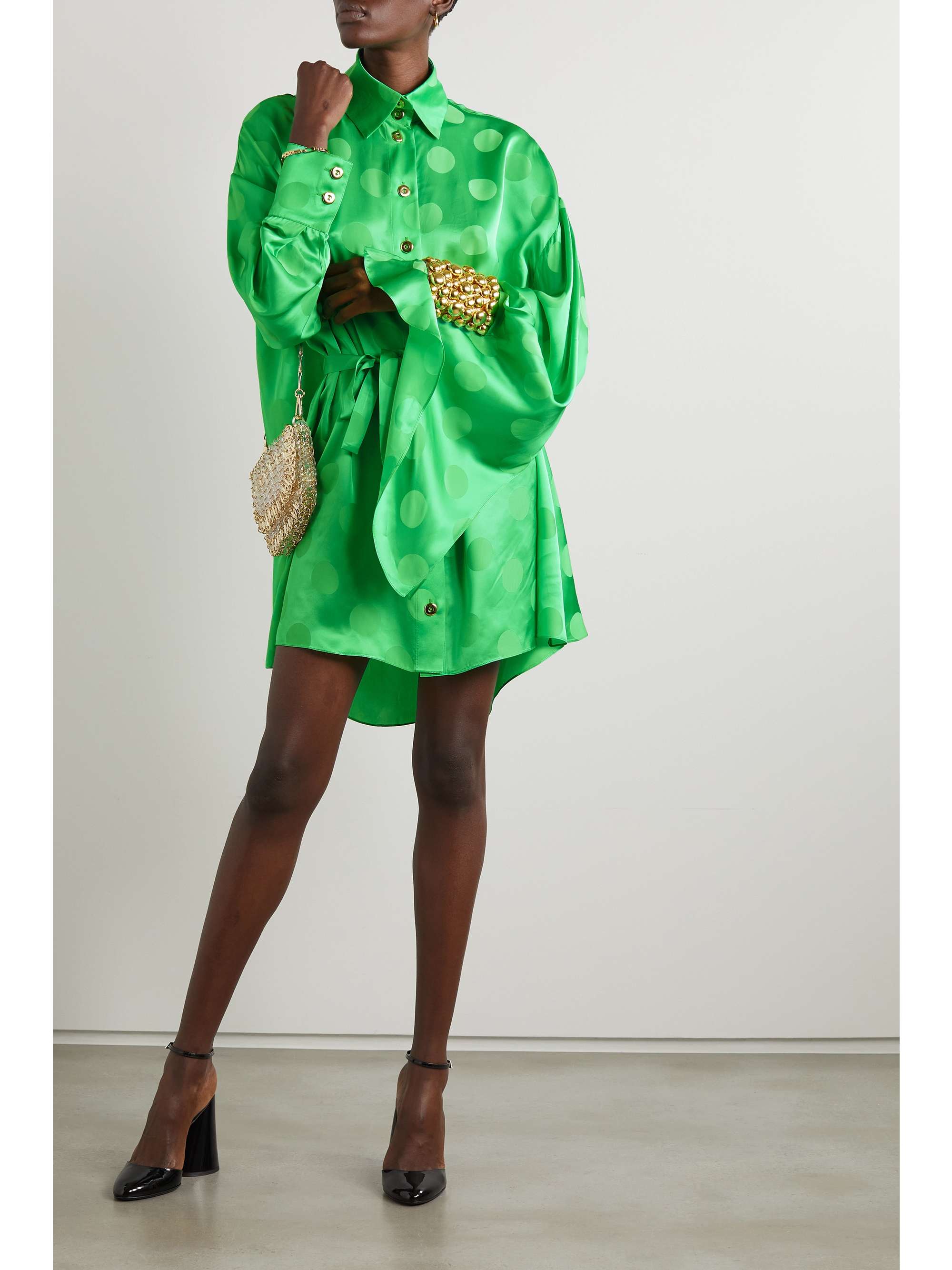 HALPERN Asymmetric embellished polka-dot satin-jacquard mini shirt dress