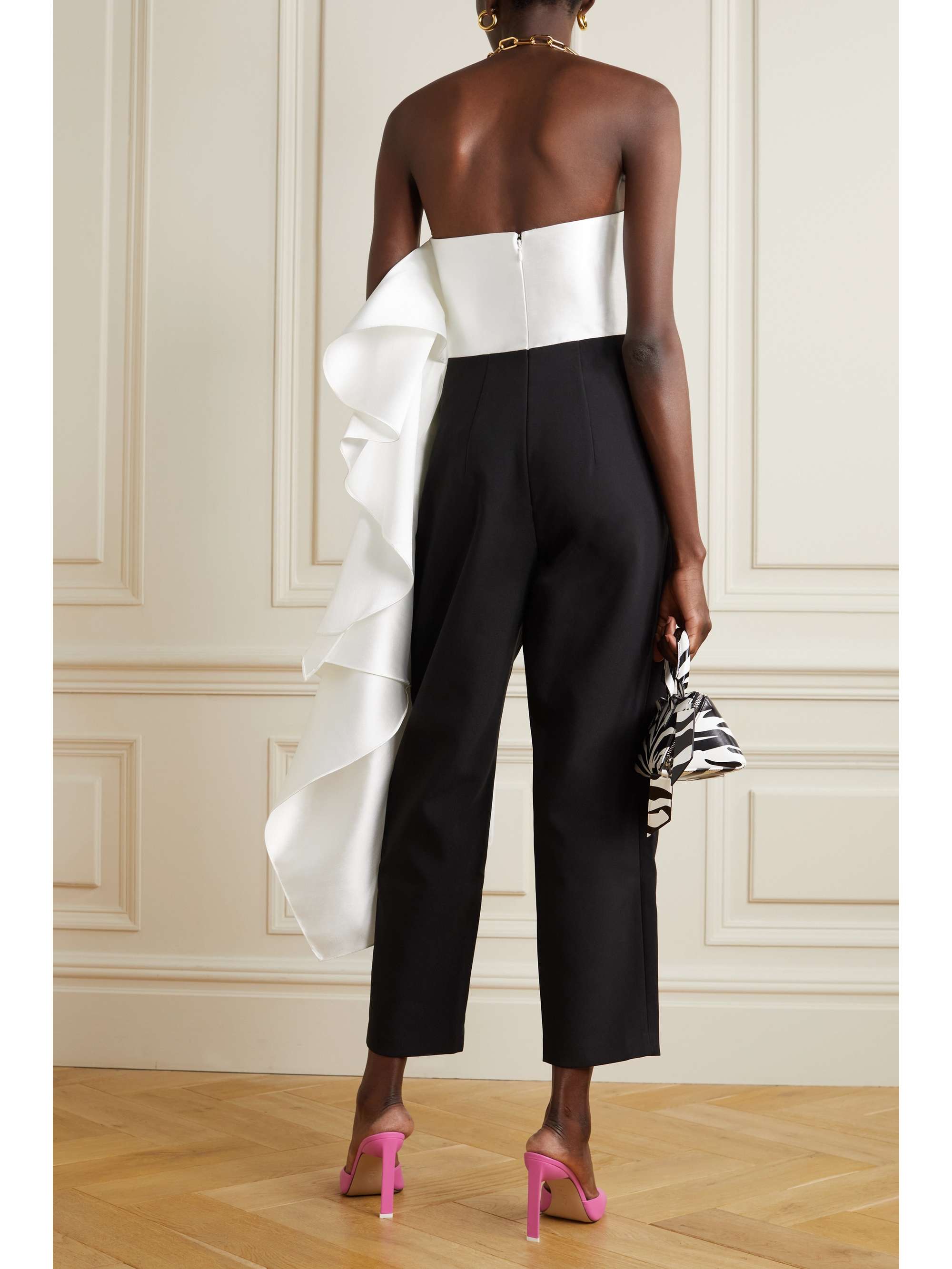 SOLACE LONDON Arlo strapless asymmetric draped stretch-crepe, satin and twill jumpsuit
