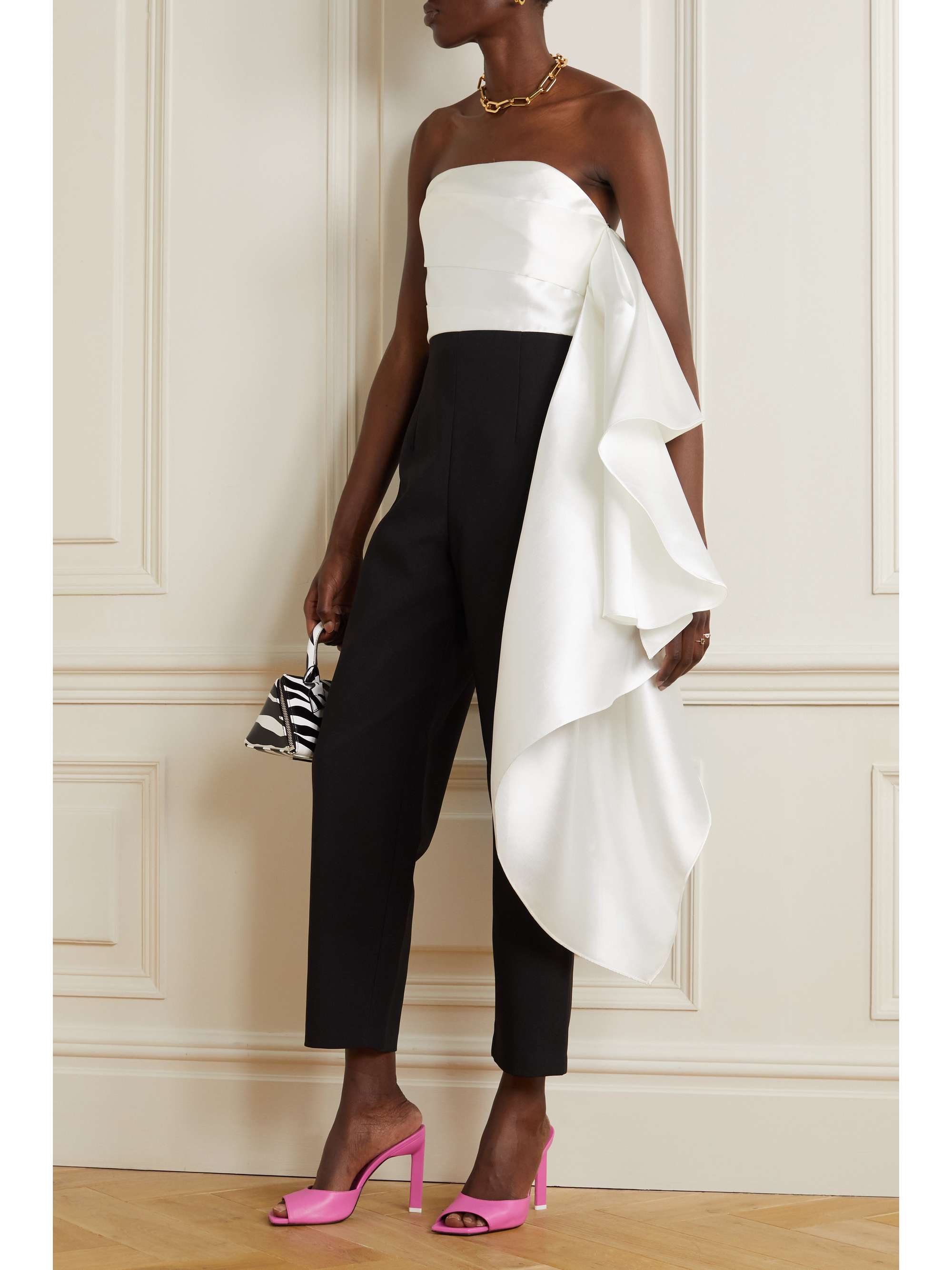 SOLACE LONDON Arlo strapless asymmetric draped stretch-crepe, satin and twill jumpsuit