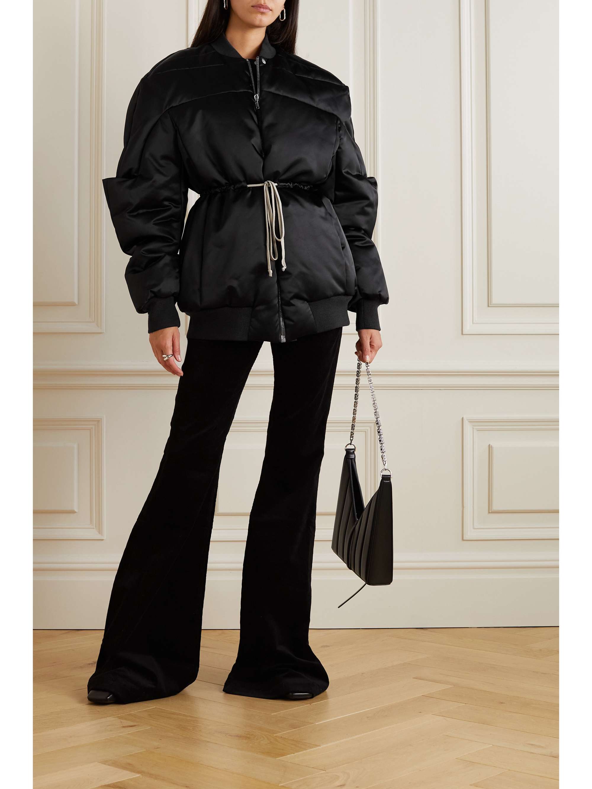 RICK OWENS Tie-detailed wool-trimmed quilted shell down bomber jacket